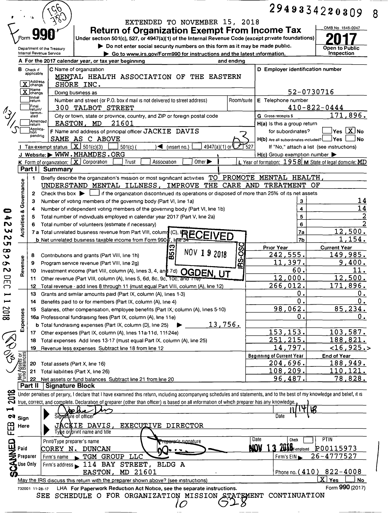 Image of first page of 2017 Form 990 for Mental Health Association of the Eastern Shore