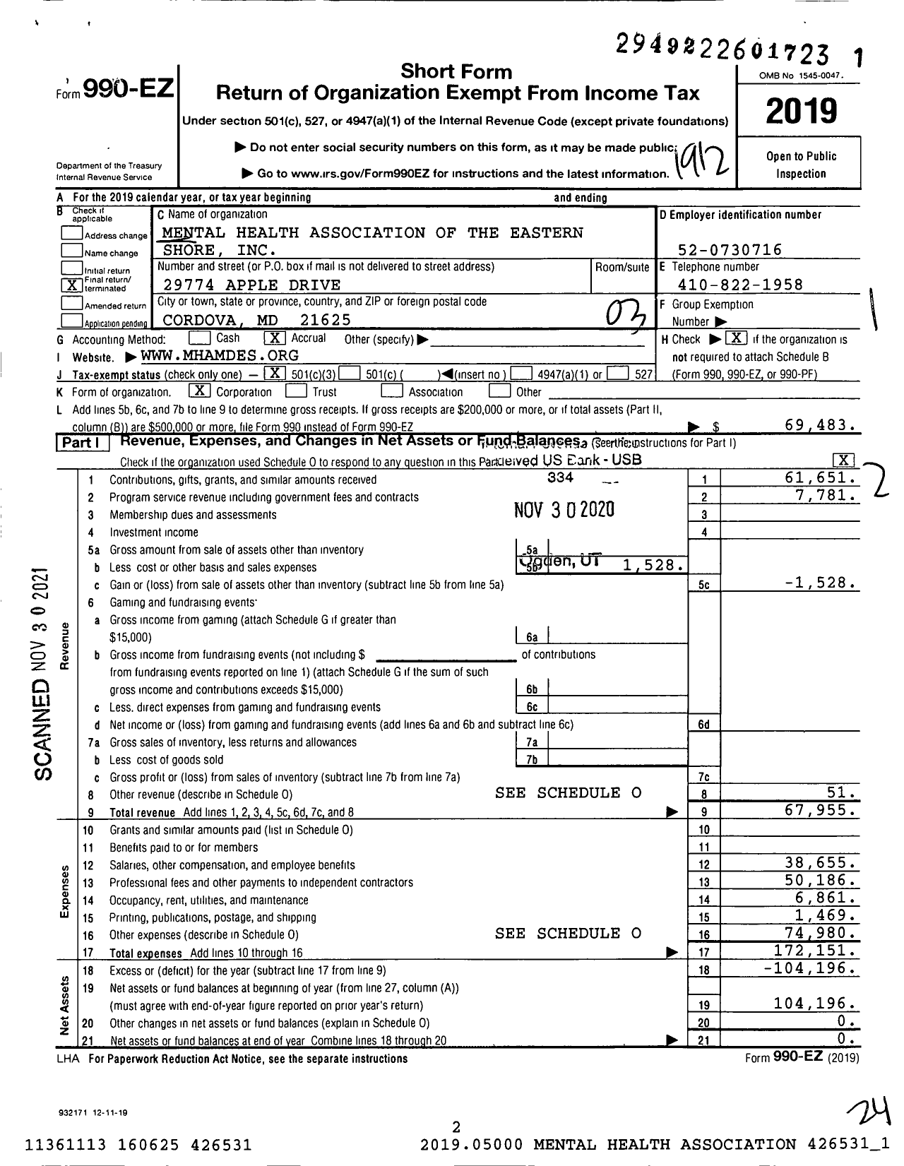 Image of first page of 2019 Form 990EZ for Mental Health Association of the Eastern Shore