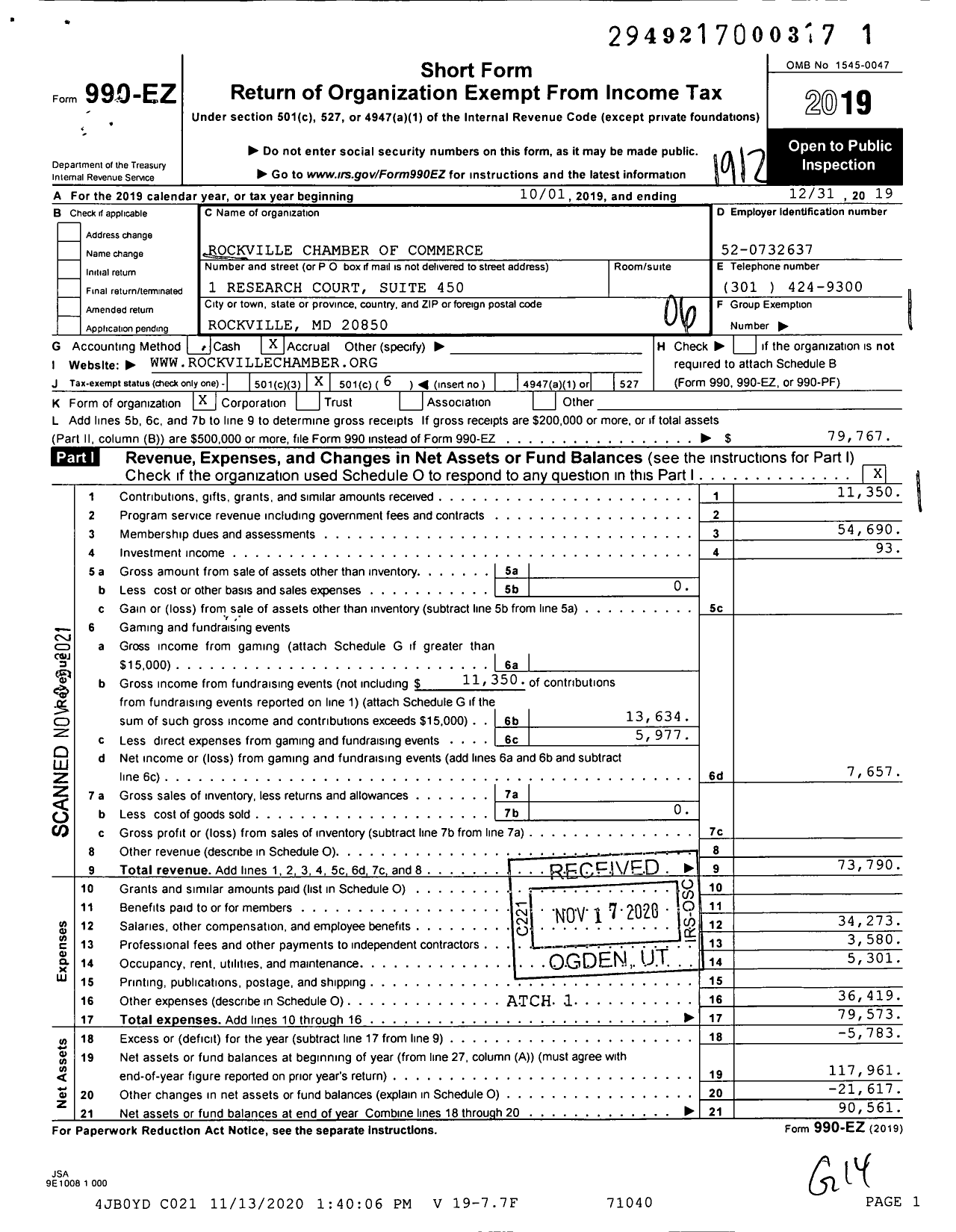 Image of first page of 2019 Form 990EO for Rockville Chamber of Commerce