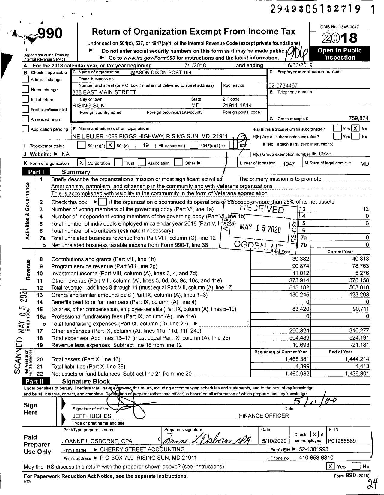 Image of first page of 2018 Form 990O for American Legion - 194 Mason-Dixon