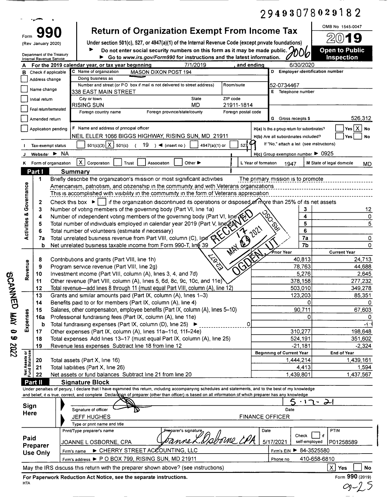 Image of first page of 2019 Form 990O for American Legion - 194 Mason-Dixon