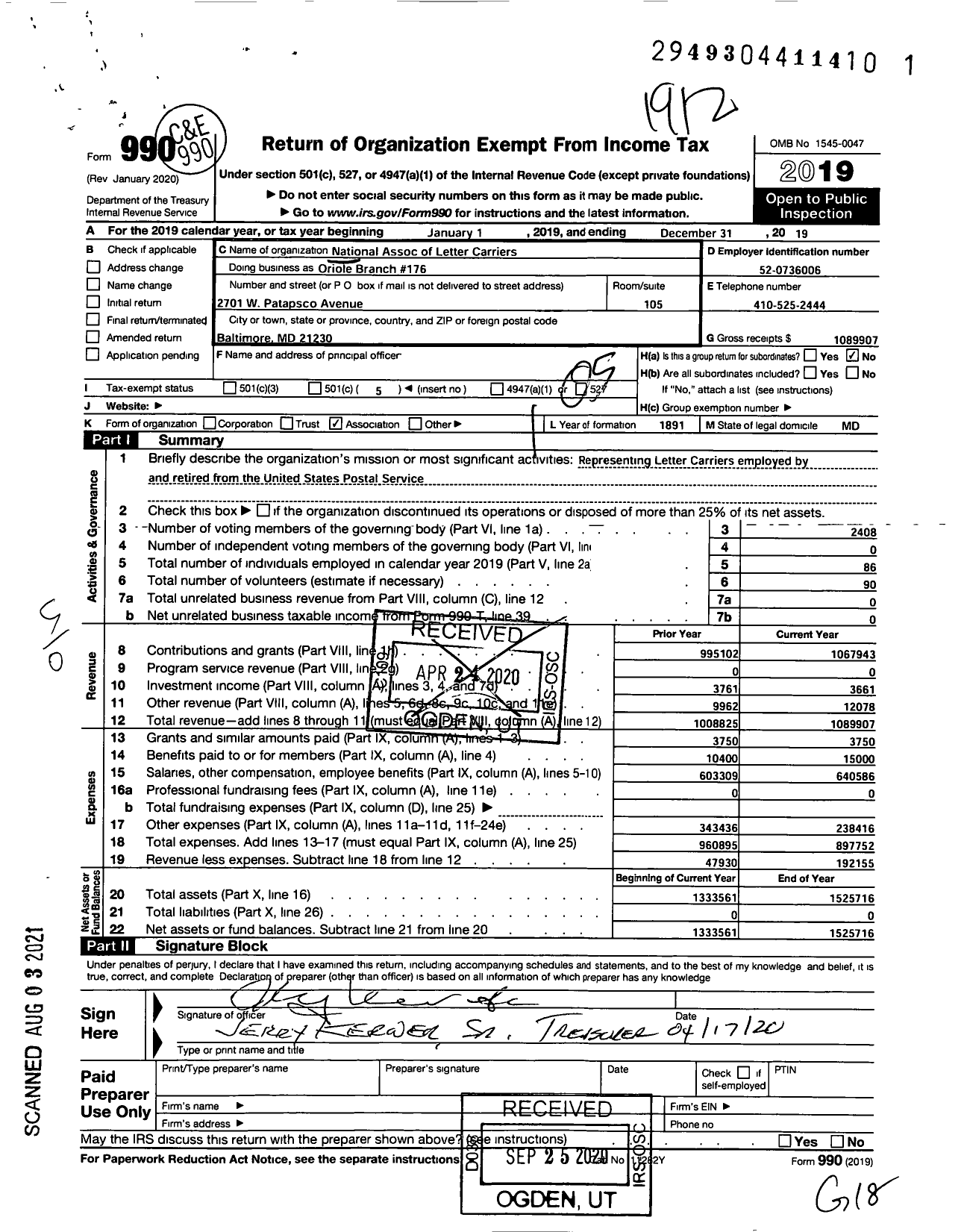 Image of first page of 2019 Form 990O for NATIONAL ASSOCIATION OF LETTER CARRIERS - Oriole Branch No176