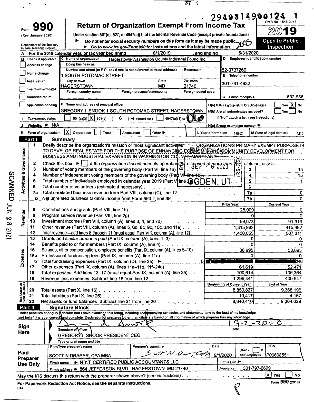 Image of first page of 2019 Form 990O for Hagerstown-Washington County Industrial Found