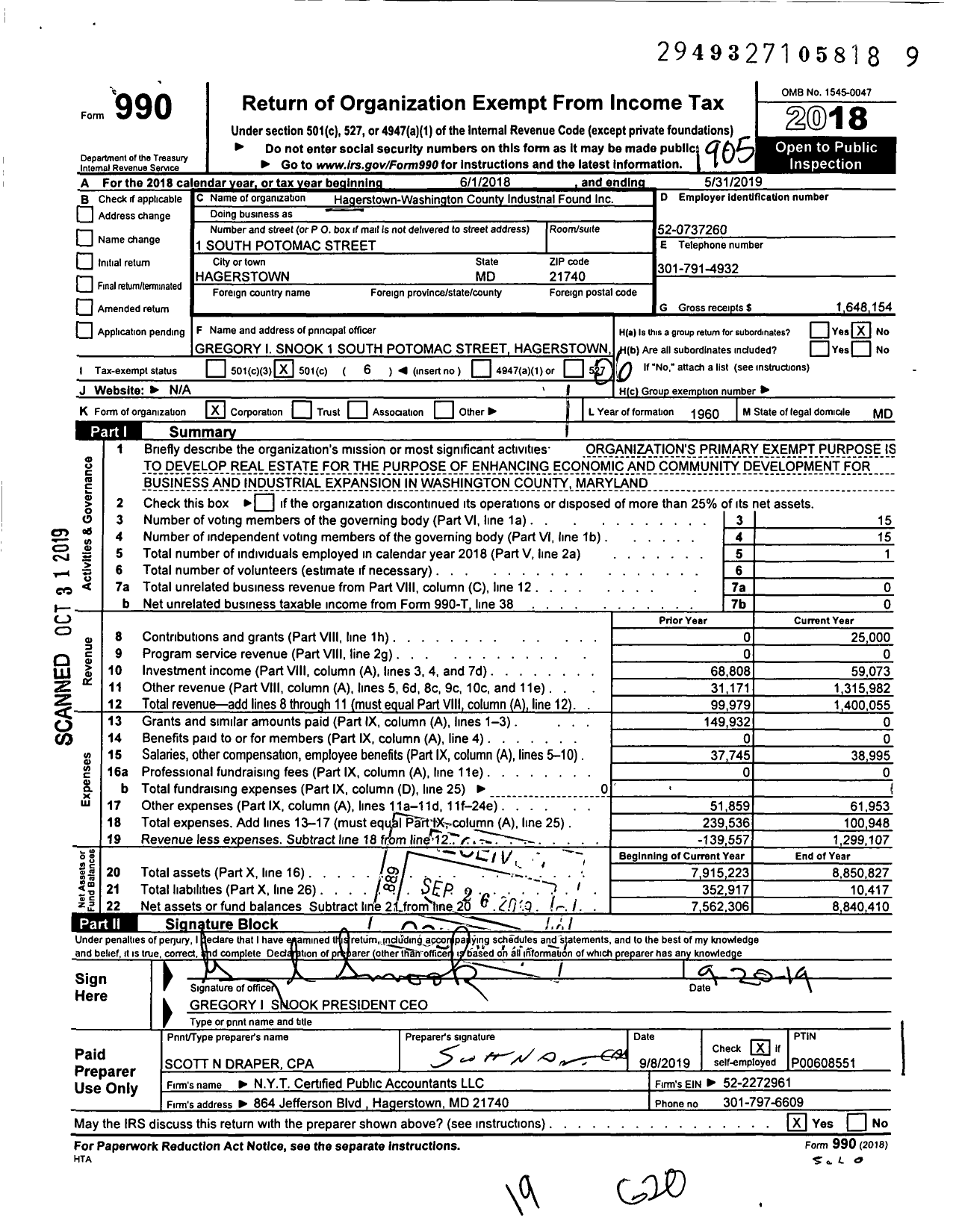 Image of first page of 2018 Form 990O for Hagerstown-Washington County Industrial Found