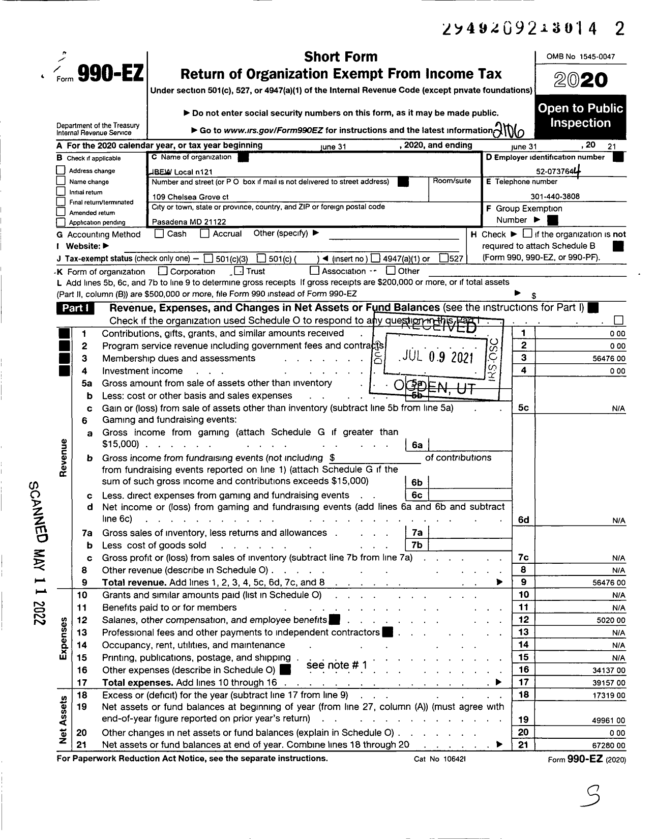 Image of first page of 2020 Form 990EO for International Brotherhood of Electrical Workers - 121 Local Union