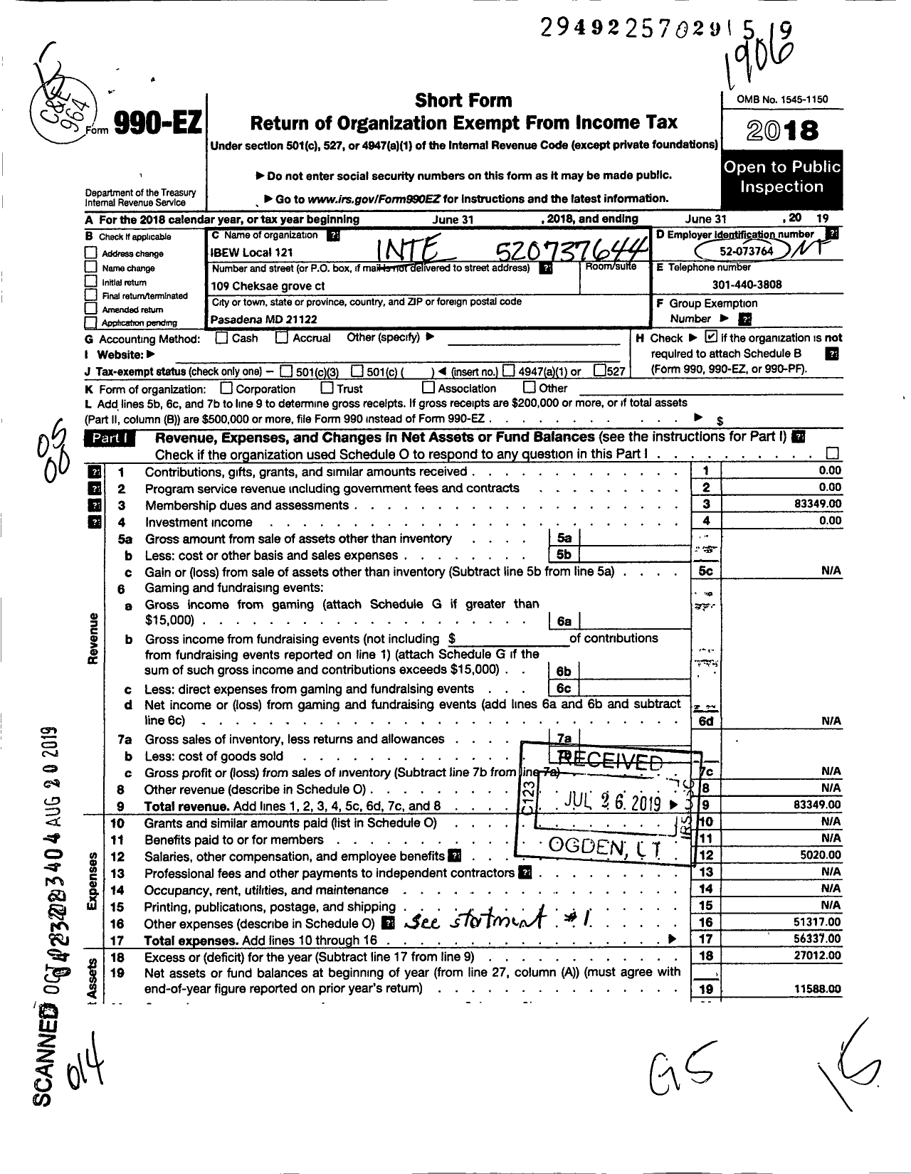 Image of first page of 2018 Form 990EO for International Brotherhood of Electrical Workers - 121 Local Union