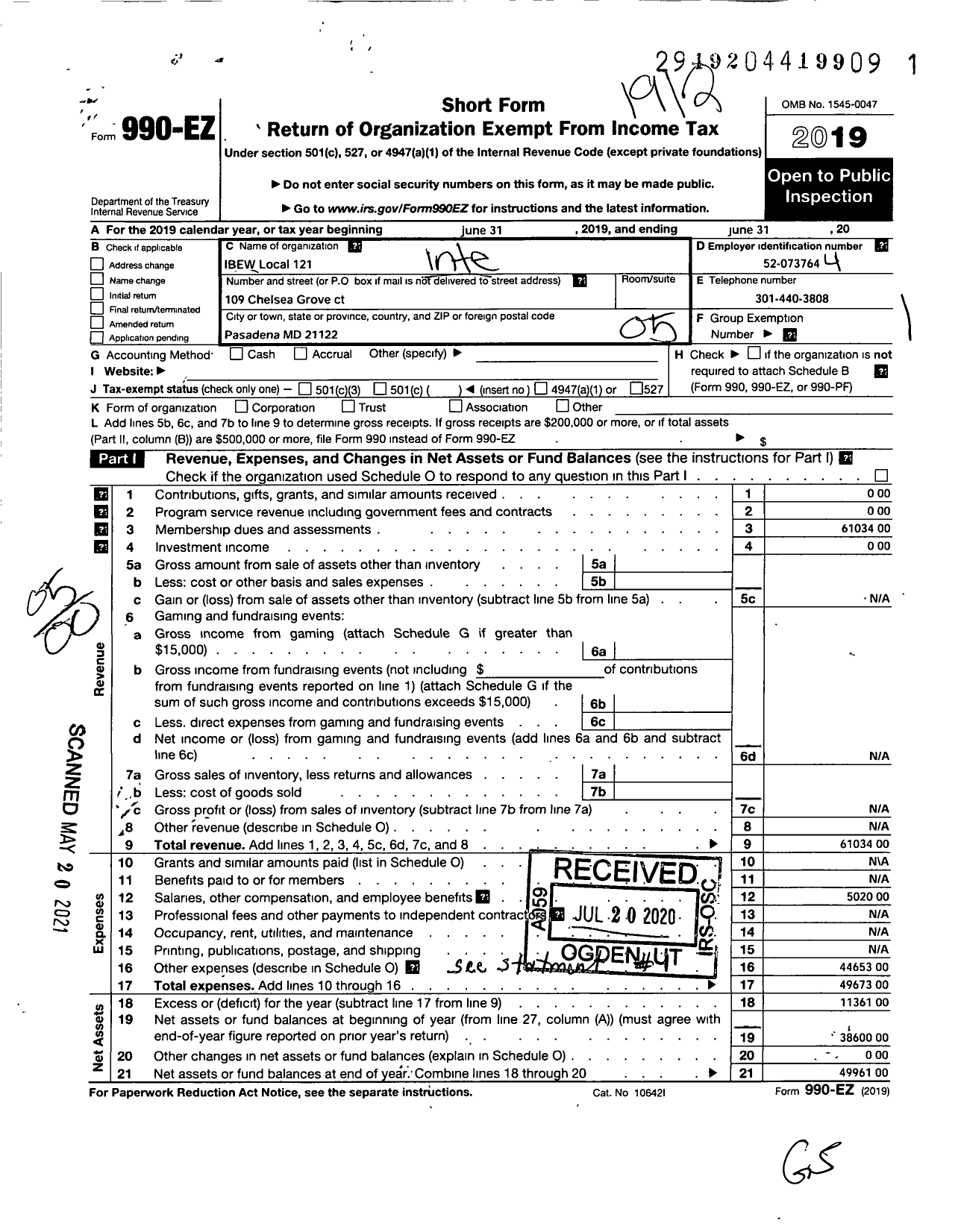 Image of first page of 2019 Form 990EO for International Brotherhood of Electrical Workers - 121 Local Union