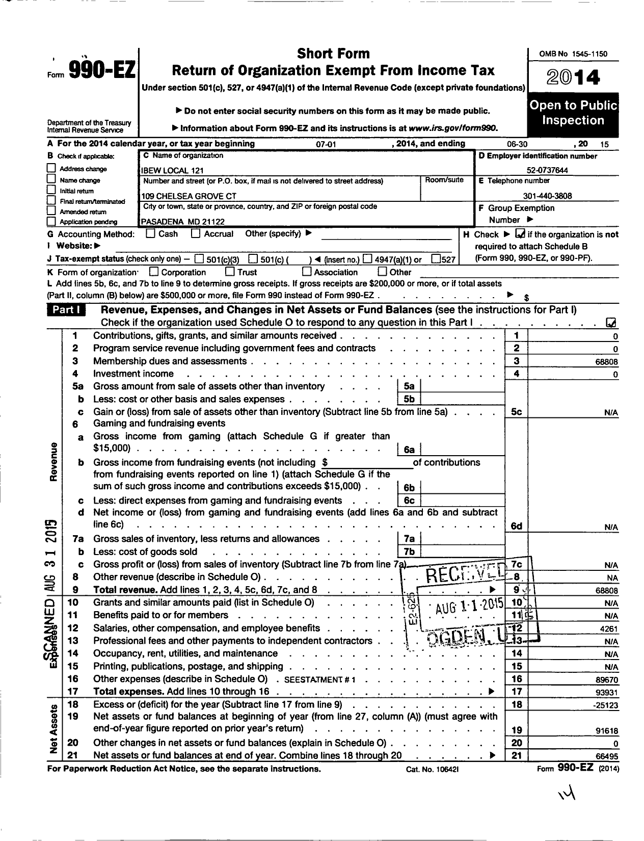 Image of first page of 2014 Form 990EO for International Brotherhood of Electrical Workers - 121 Local Union