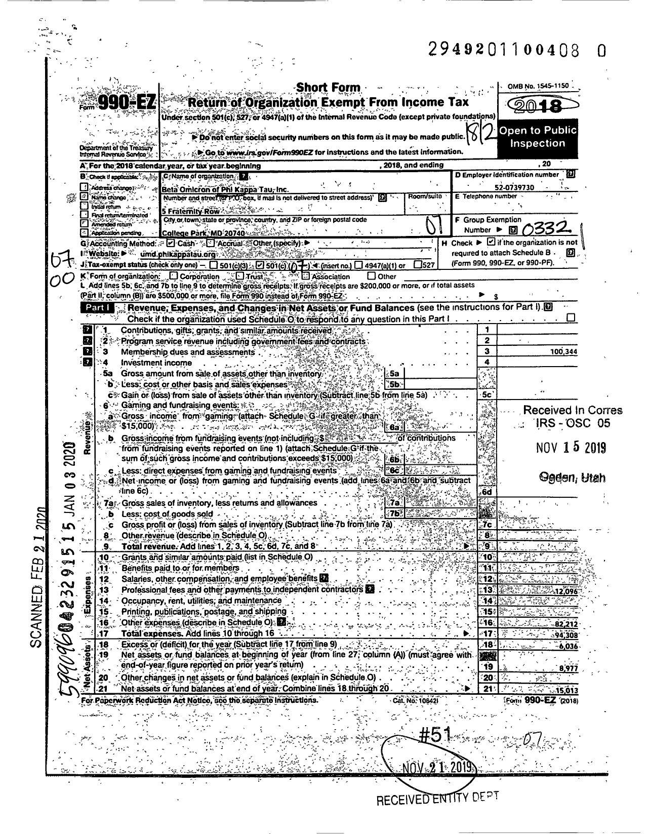 Image of first page of 2018 Form 990EO for Phi Kappa Tau Fraternity Beta Omicron