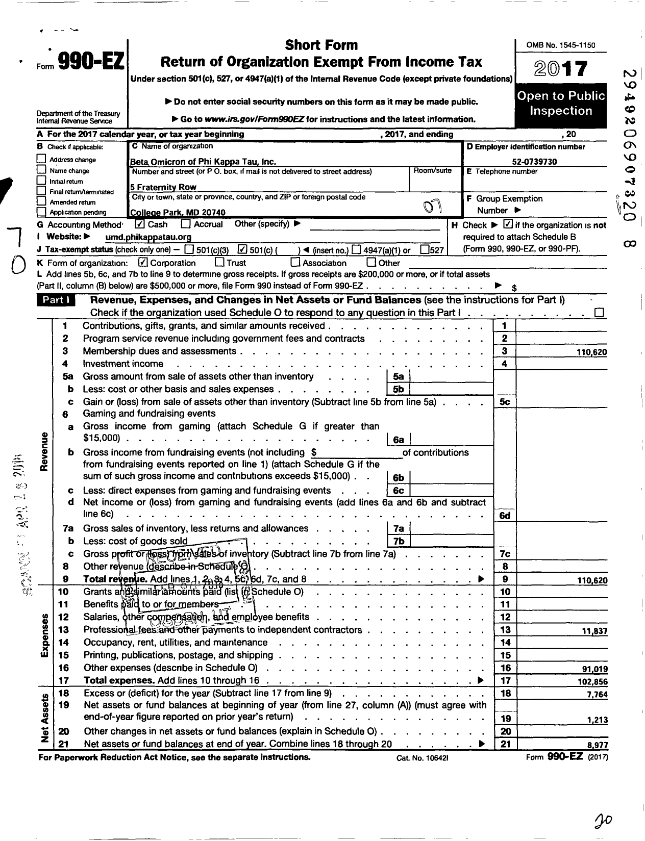 Image of first page of 2017 Form 990EO for Phi Kappa Tau Fraternity Beta Omicron