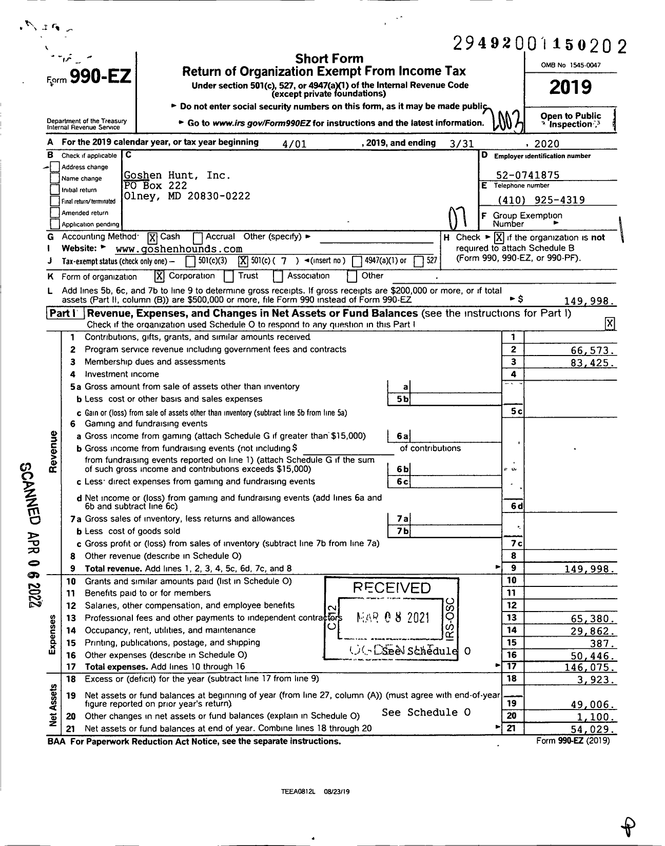 Image of first page of 2019 Form 990EO for Goshen Hounds