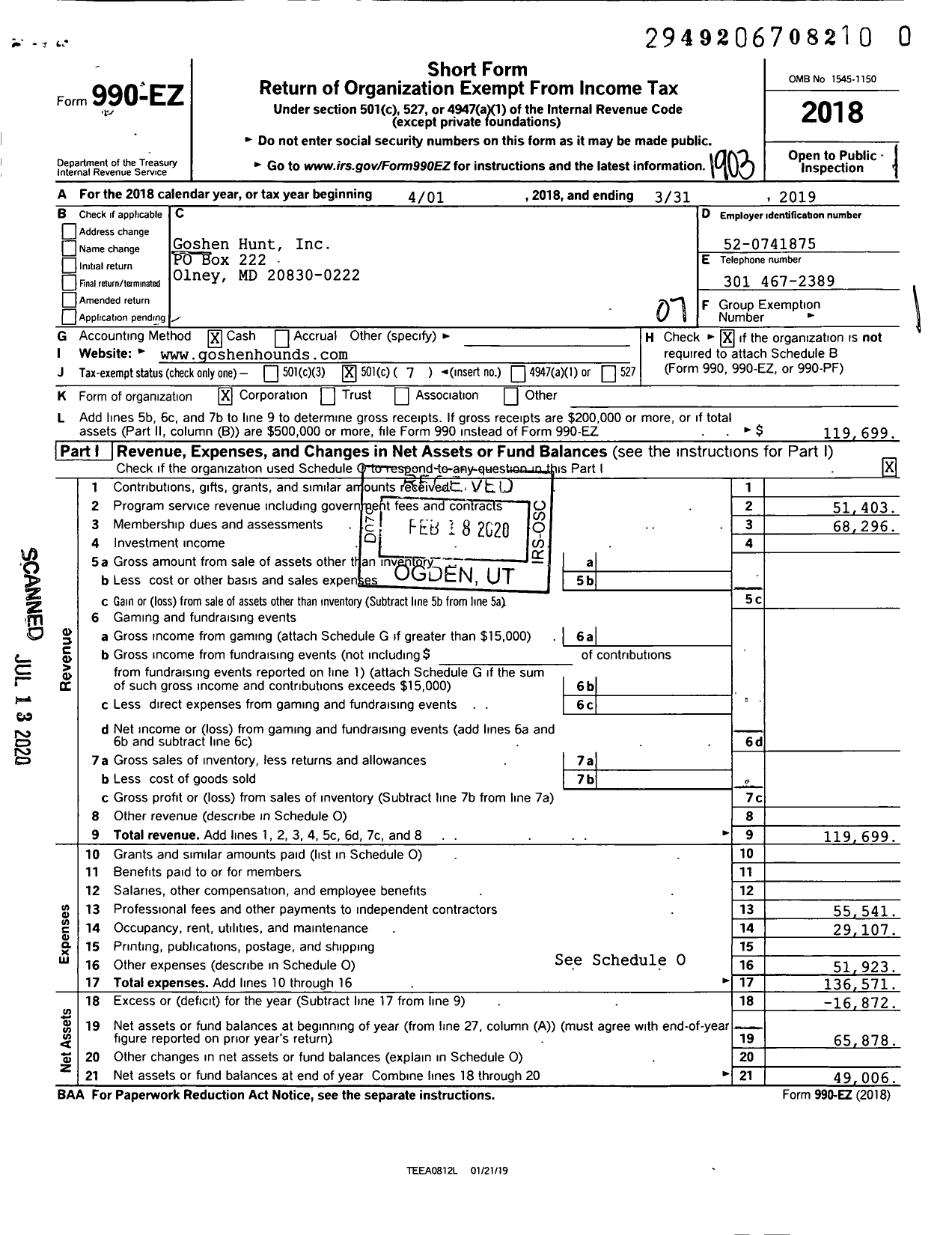 Image of first page of 2018 Form 990EO for Goshen Hounds