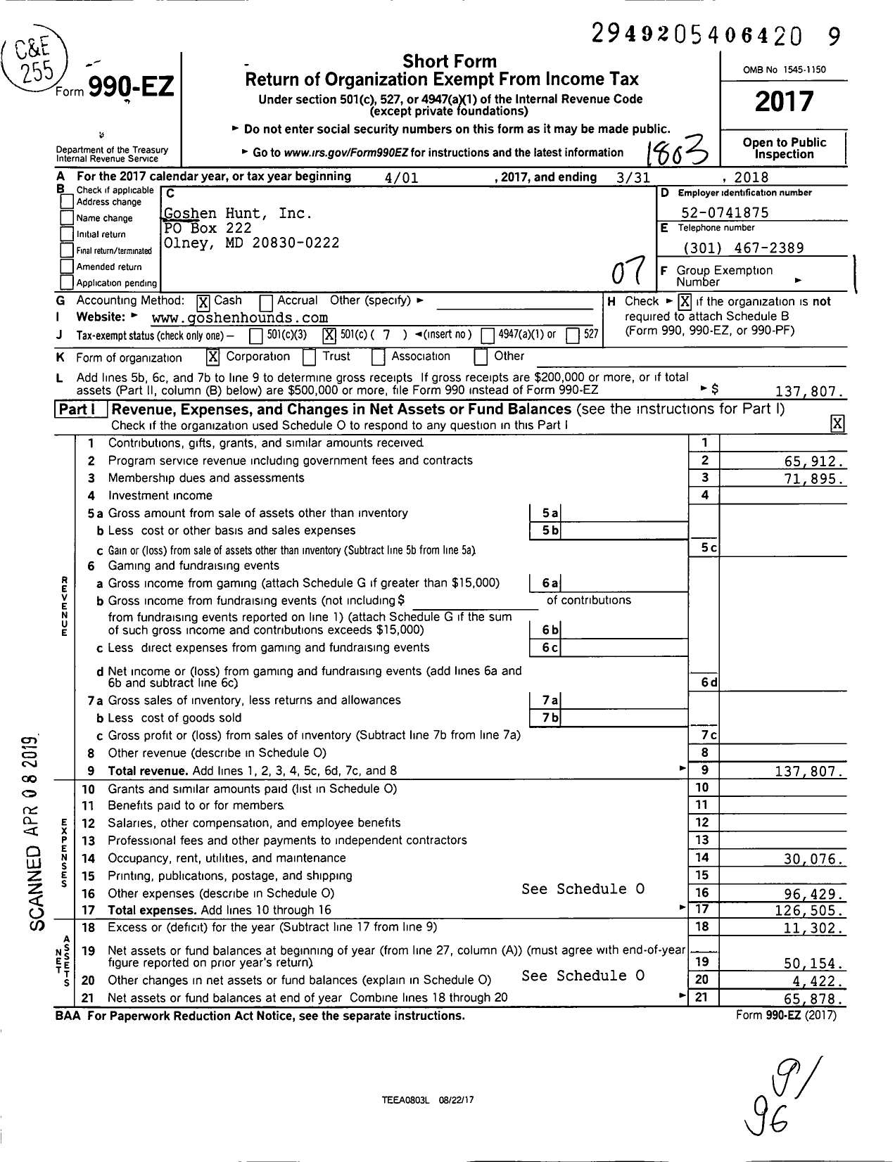 Image of first page of 2017 Form 990EO for Goshen Hounds