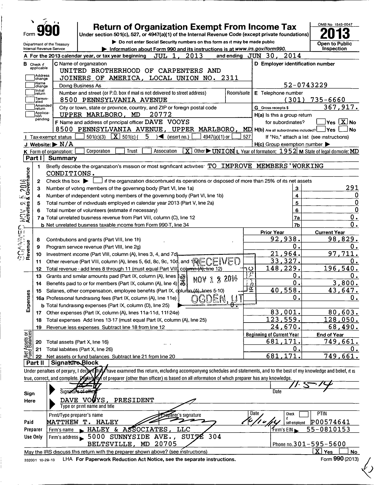 Image of first page of 2013 Form 990O for United Brotherhood of Carpenters & Joiners - 2311 Pile Drivers Local Union
