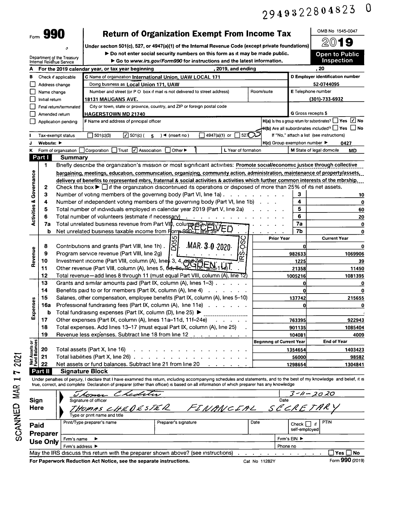 Image of first page of 2019 Form 990O for UAW - Local Union 171 UAW