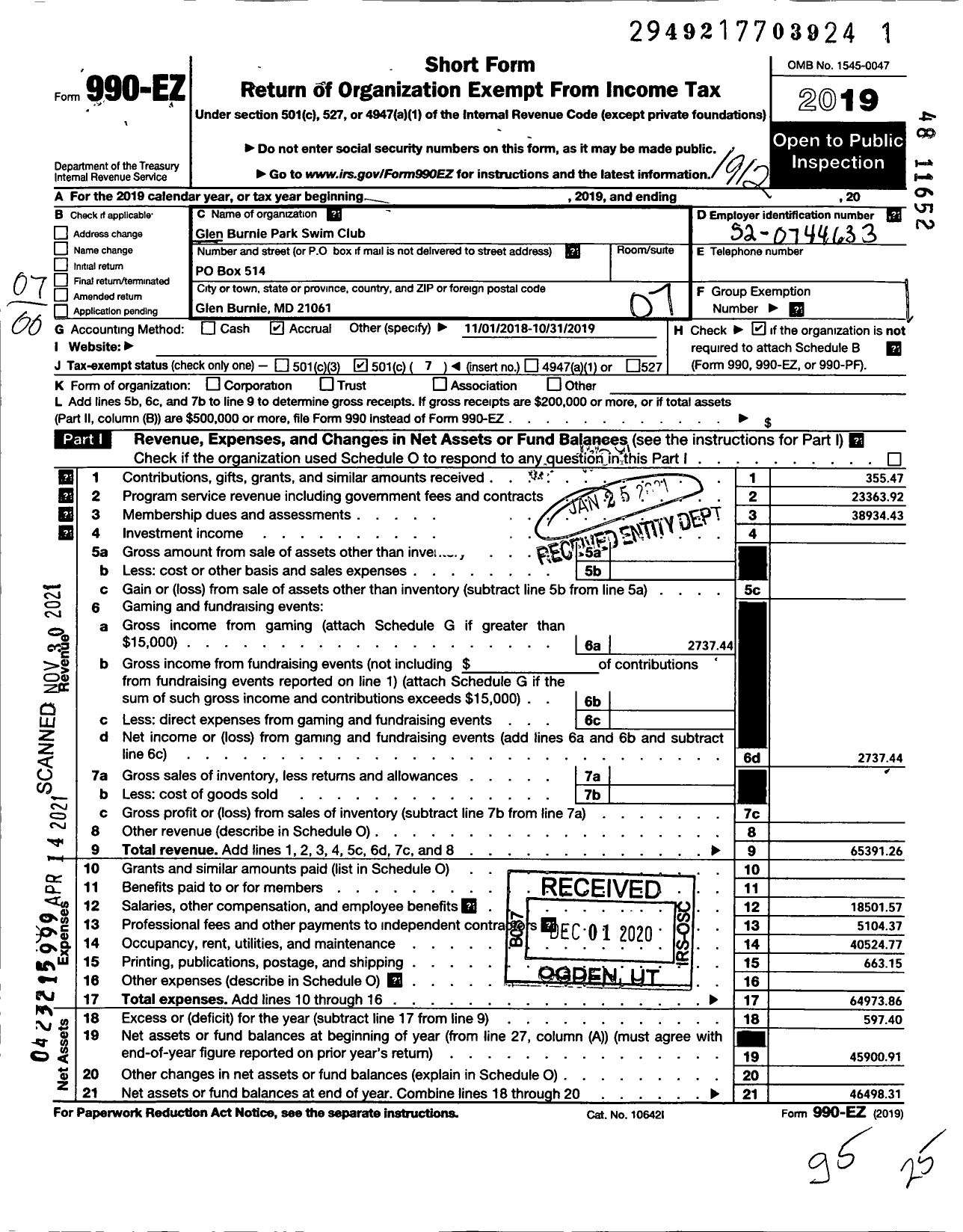 Image of first page of 2019 Form 990EO for Glen Burnie Park Swim Club