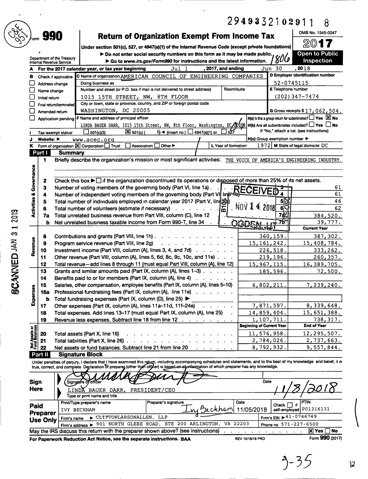 Image of first page of 2017 Form 990O for American Council of Engineering Companies (ACEC)