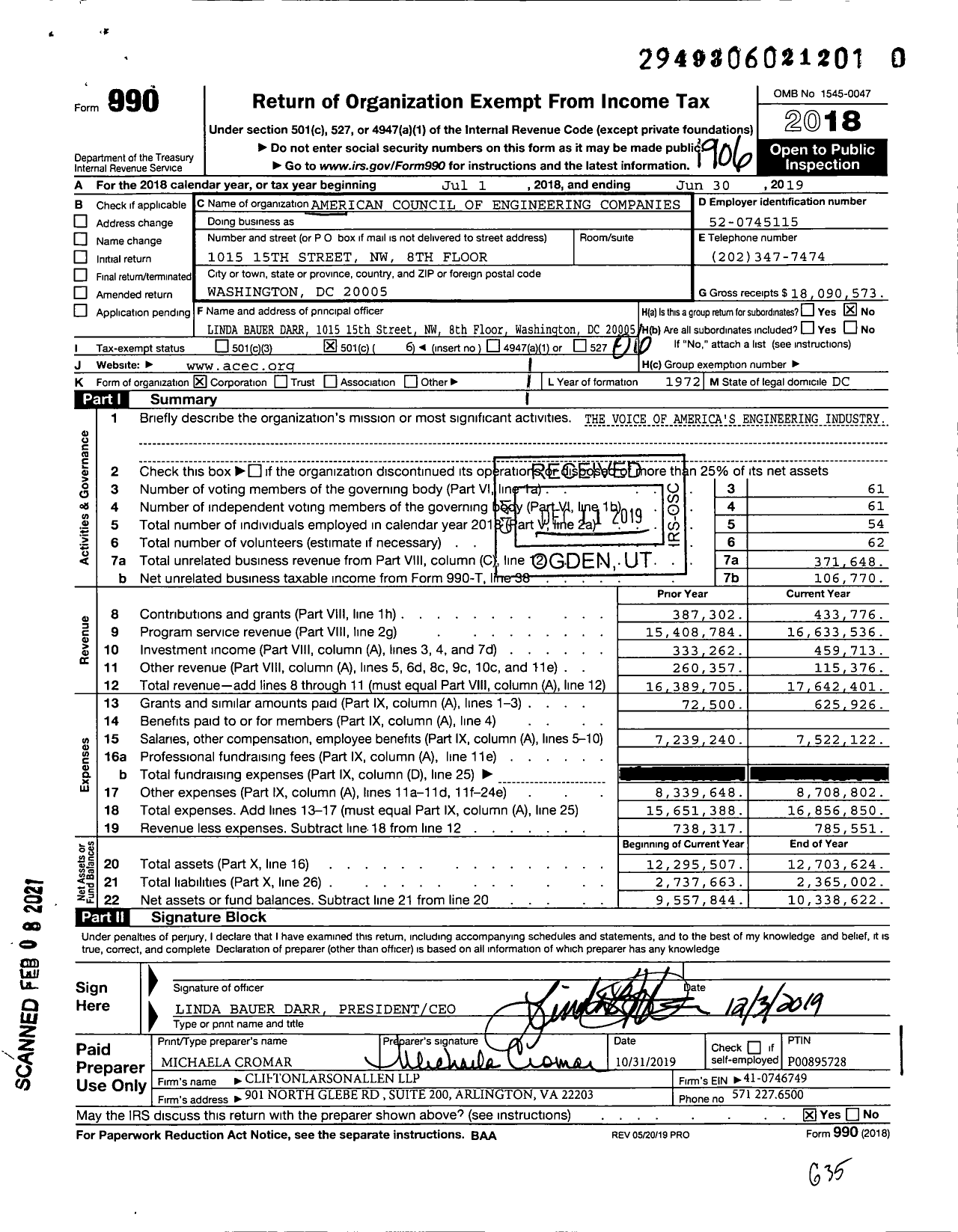 Image of first page of 2018 Form 990O for American Council of Engineering Companies (ACEC)