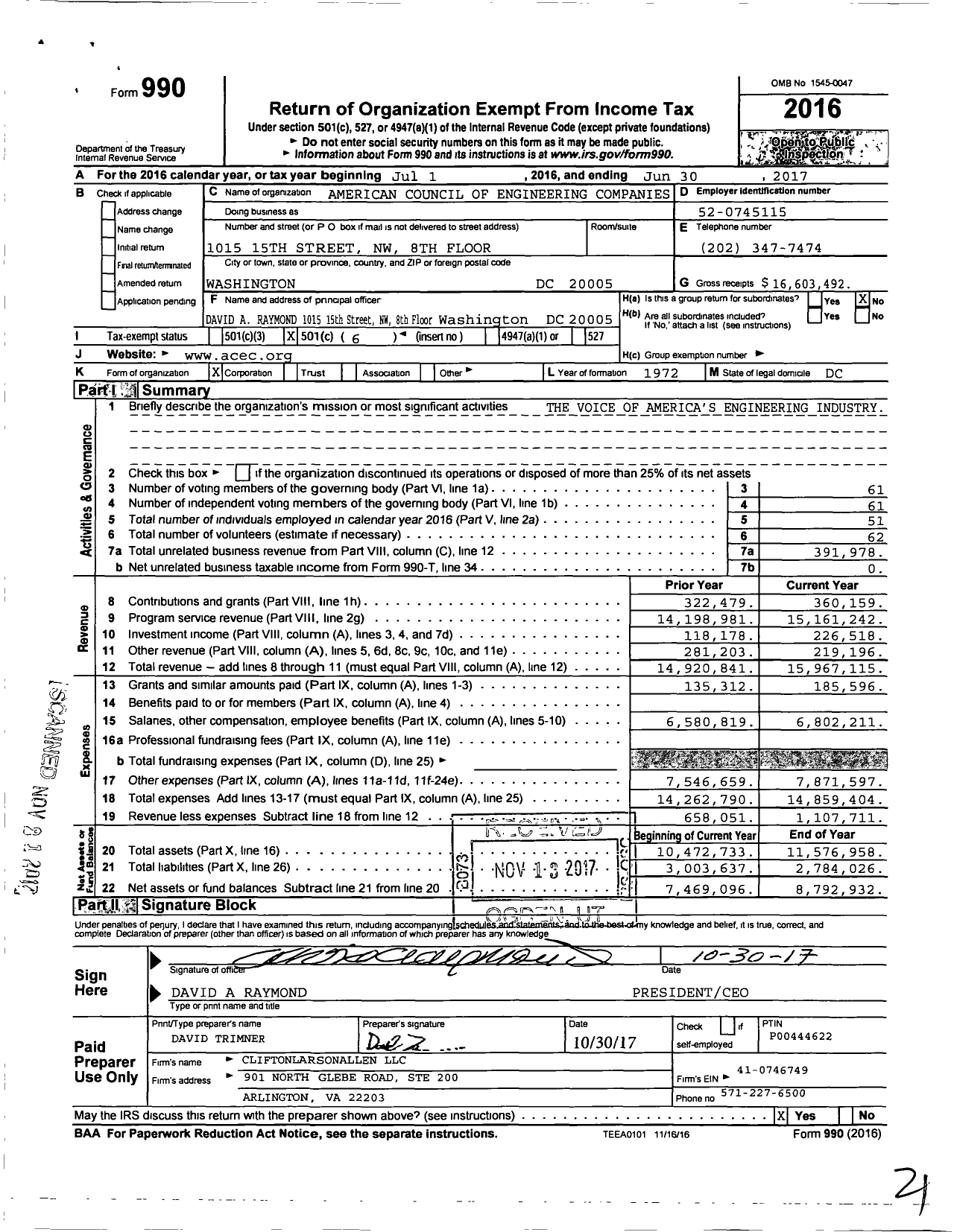 Image of first page of 2016 Form 990O for American Council of Engineering Companies (ACEC)