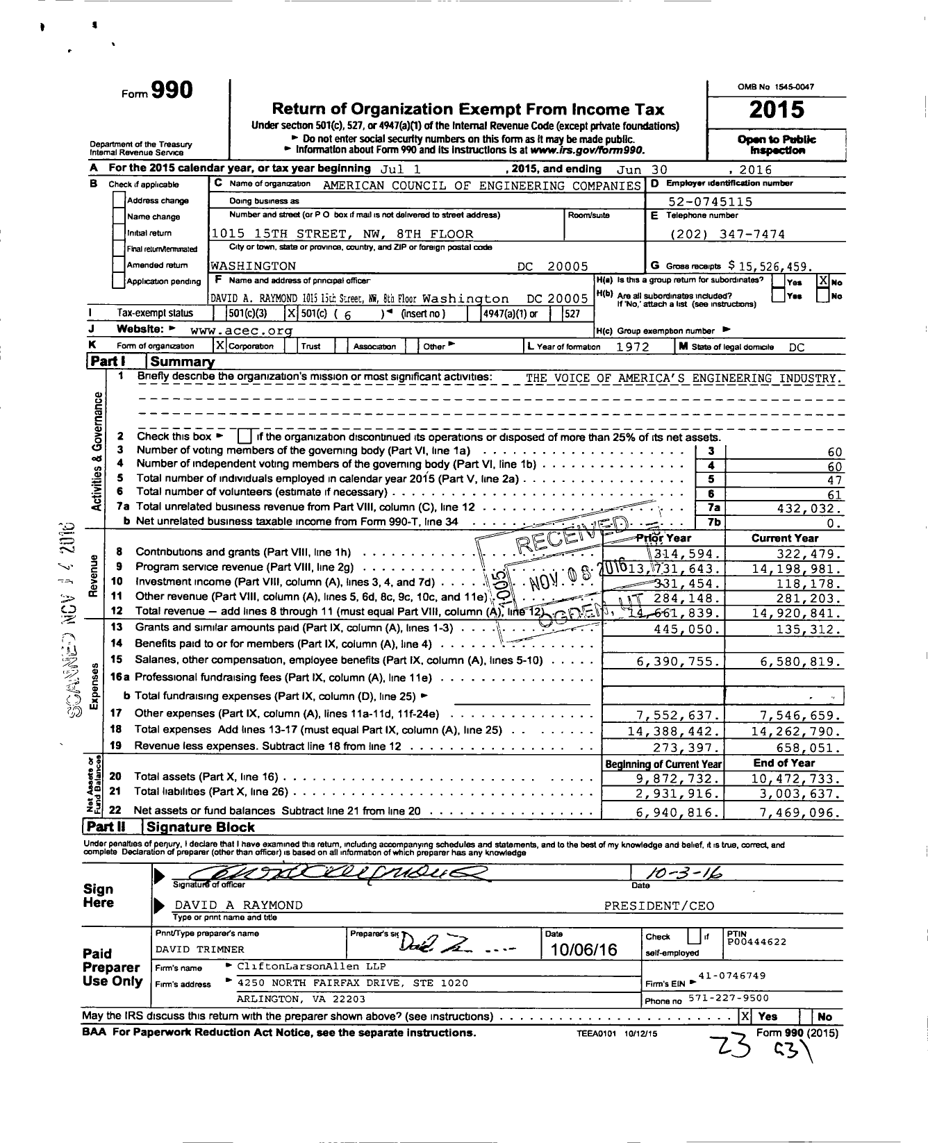 Image of first page of 2015 Form 990O for American Council of Engineering Companies (ACEC)