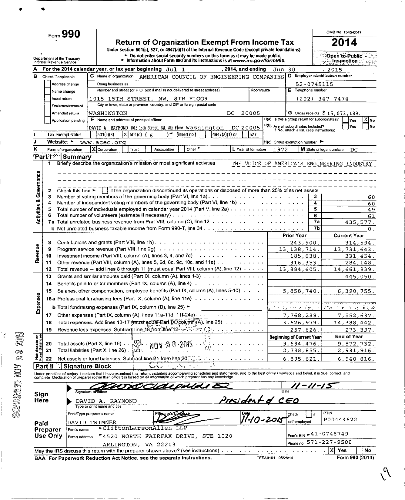 Image of first page of 2014 Form 990O for American Council of Engineering Companies (ACEC)