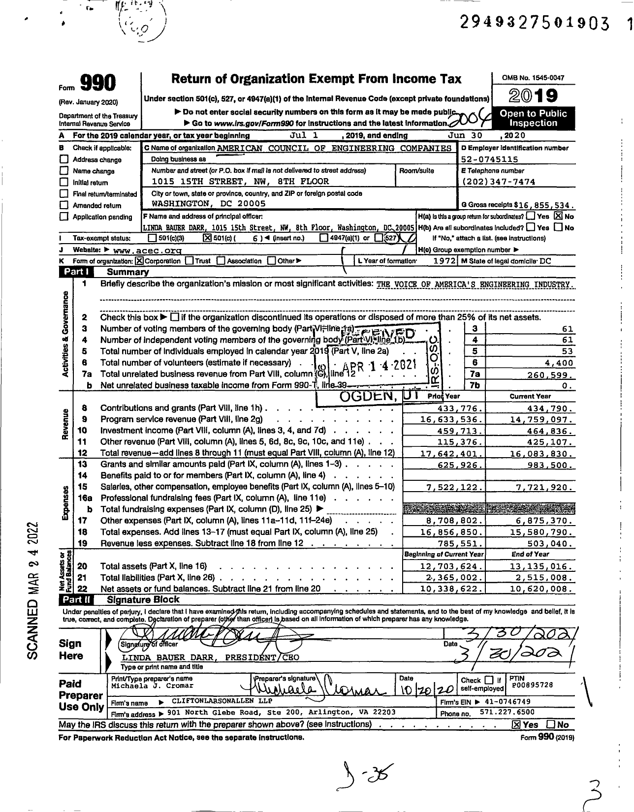 Image of first page of 2019 Form 990O for American Council of Engineering Companies (ACEC)