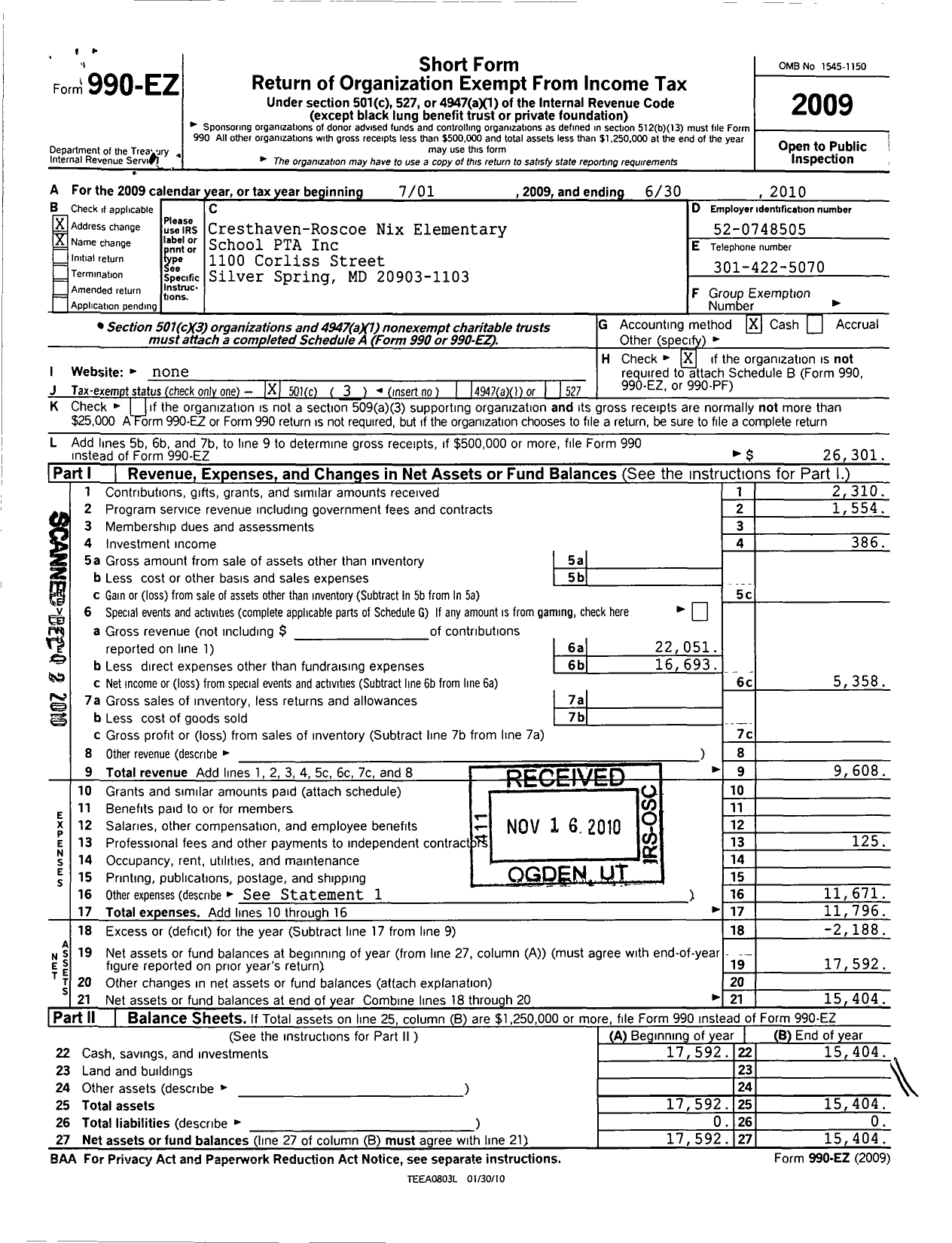 Image of first page of 2009 Form 990EZ for PTA Delaware Congress / Cresthaven-Roscoe Nix Elementary SC