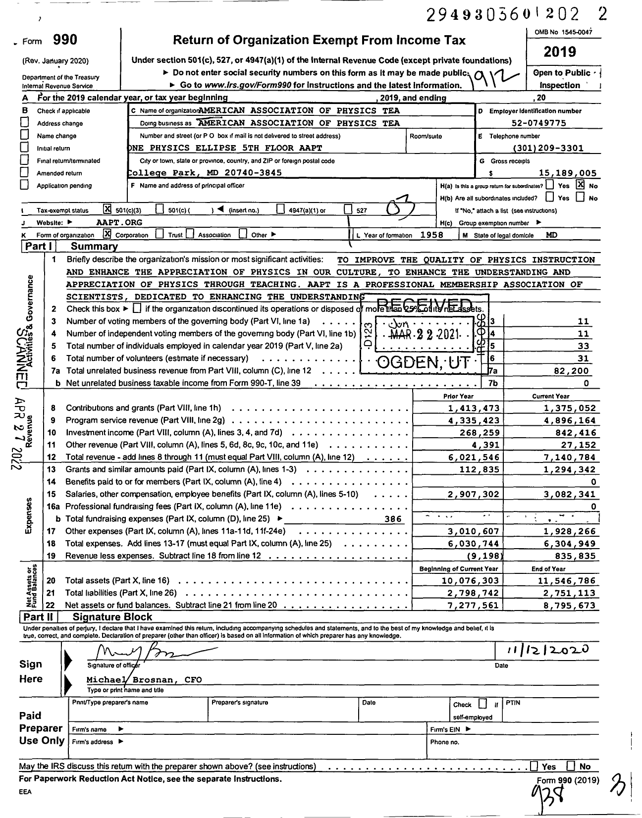 Image of first page of 2019 Form 990 for American Association of Physics
