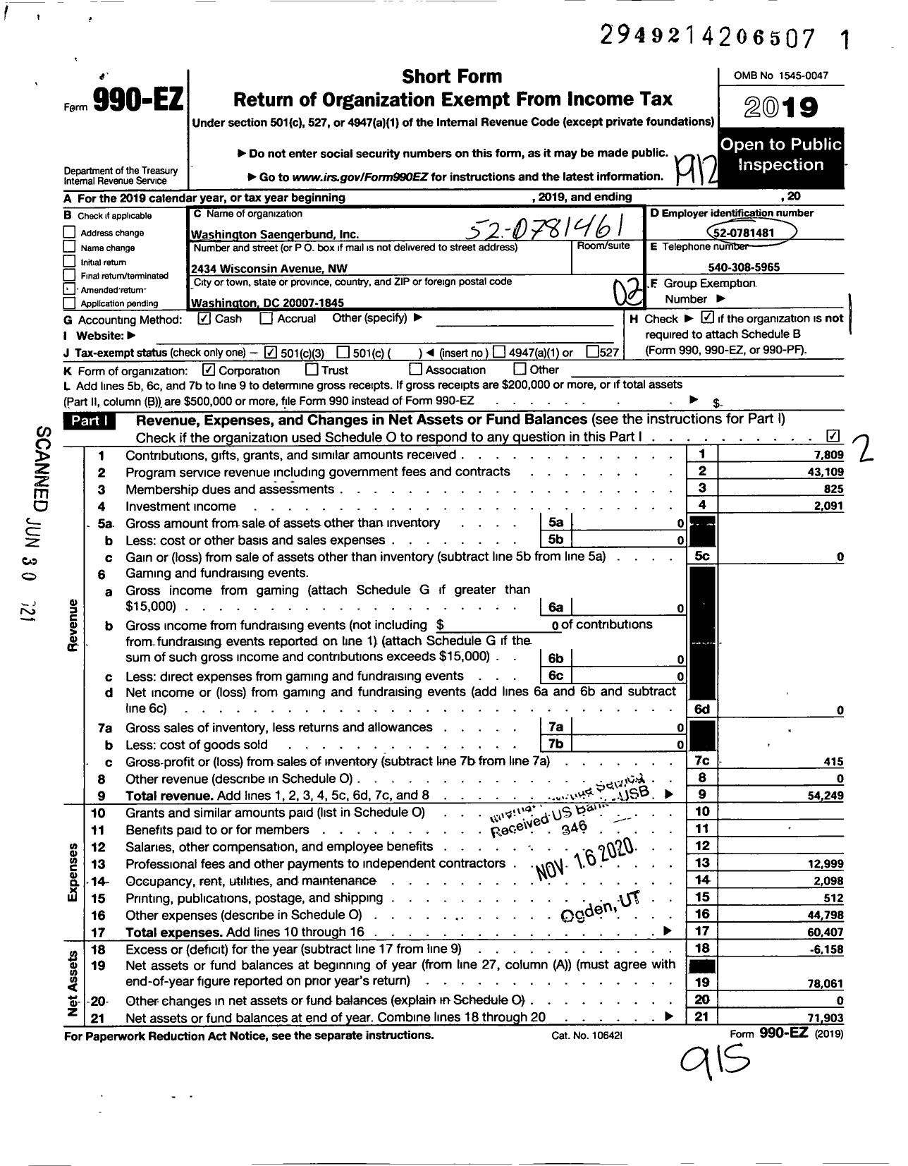 Image of first page of 2019 Form 990EZ for Washington Saengerbund