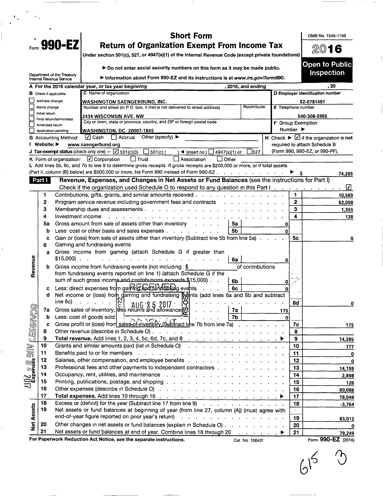 Image of first page of 2016 Form 990EZ for Washington Saengerbund