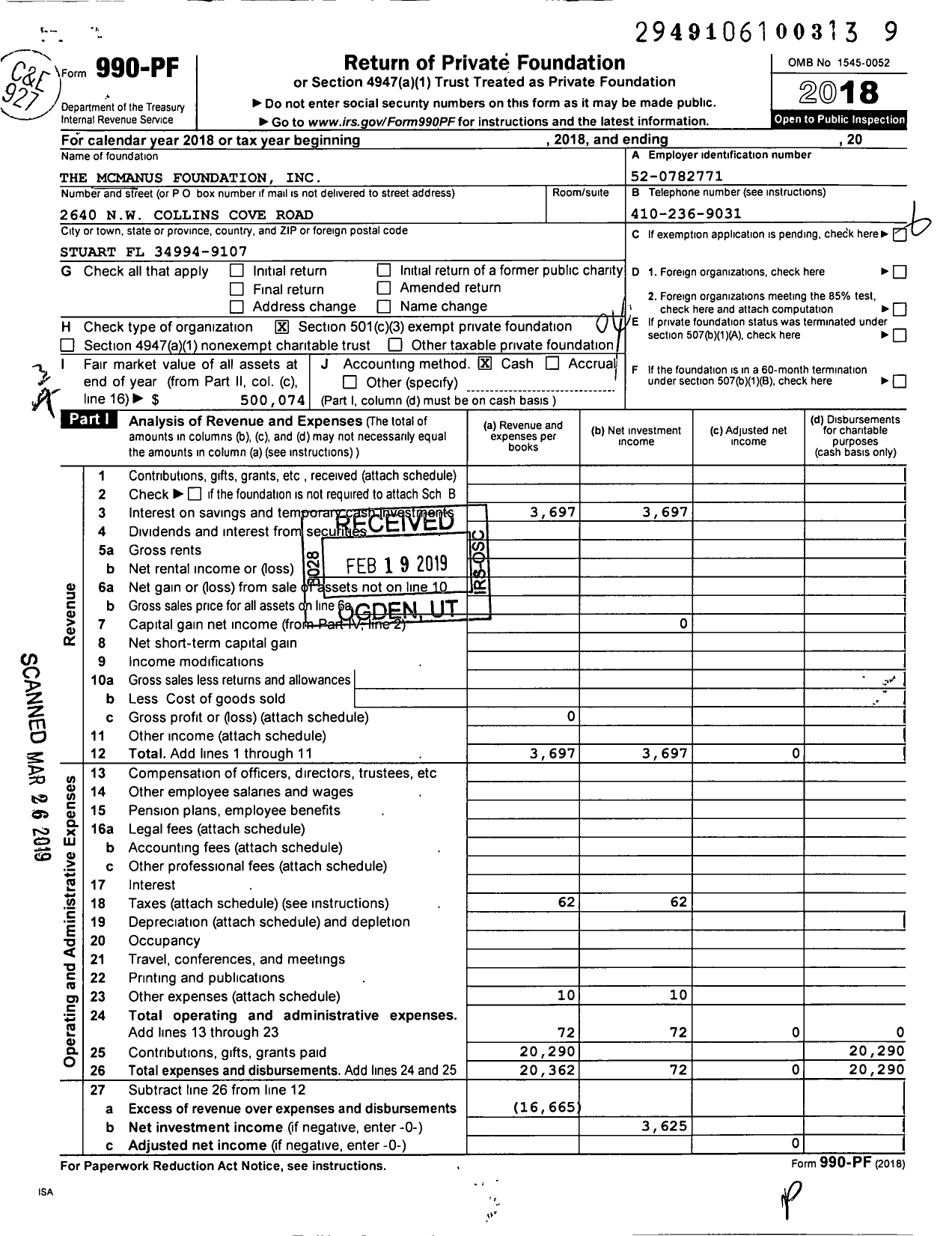 Image of first page of 2018 Form 990PF for Mcmcanus Foundation
