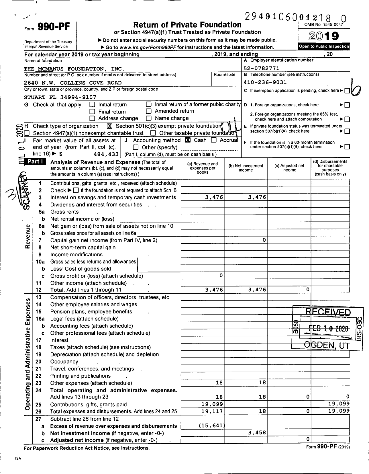 Image of first page of 2019 Form 990PR for Mcmcanus Foundation