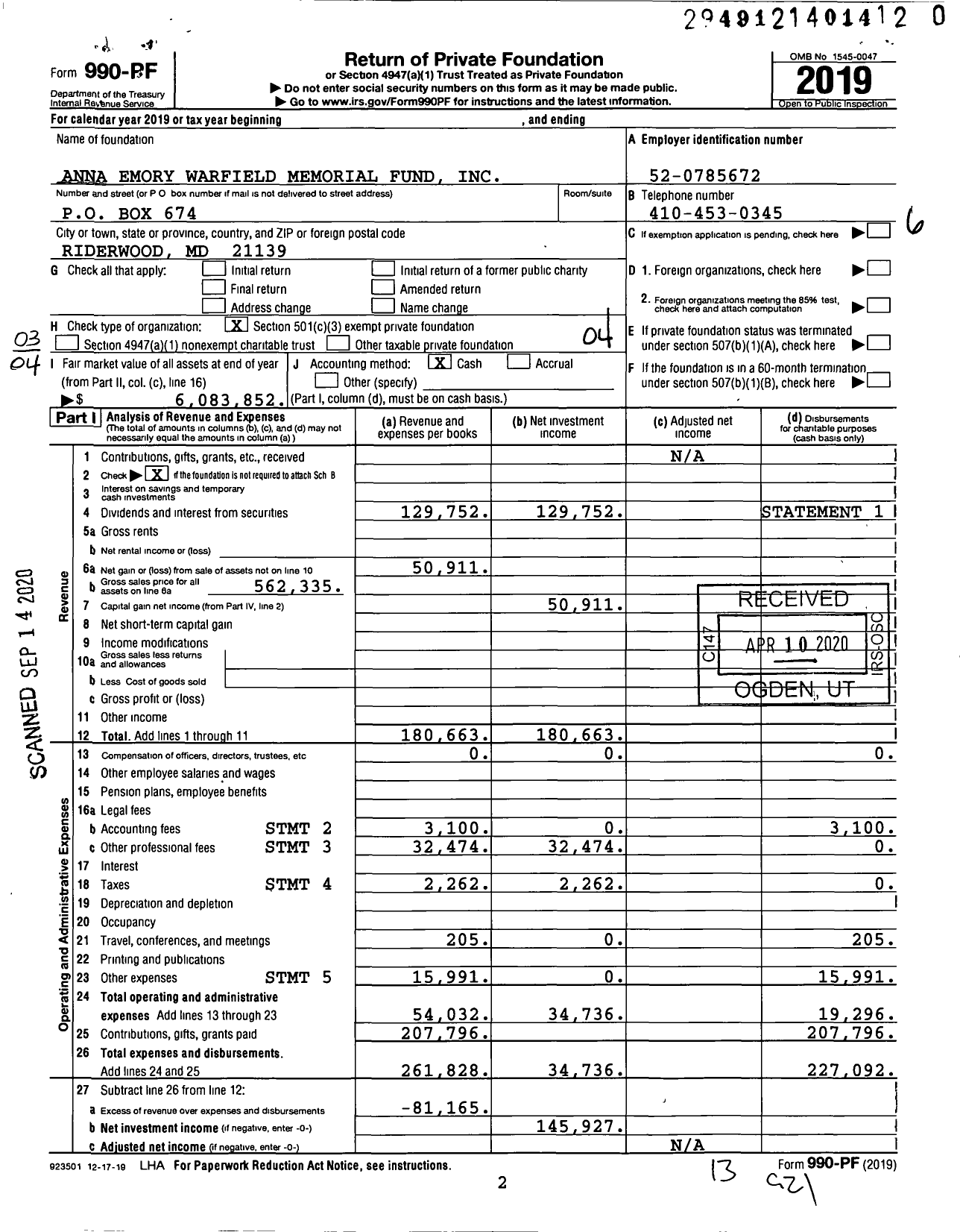 Image of first page of 2019 Form 990PR for Anna Emory Warfield Memorial Fund