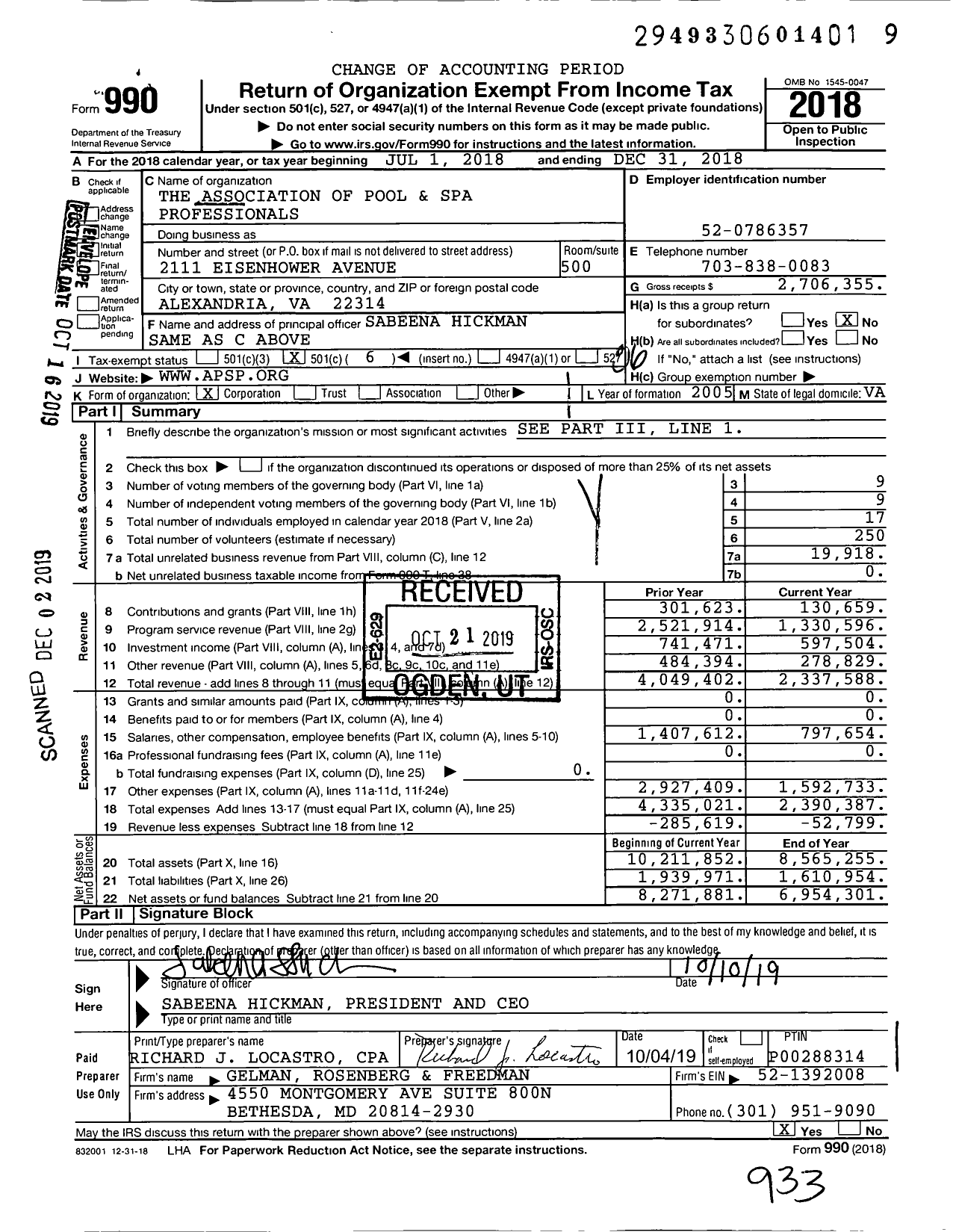 Image of first page of 2018 Form 990O for Pool and Hot Tub Alliance (APSP)