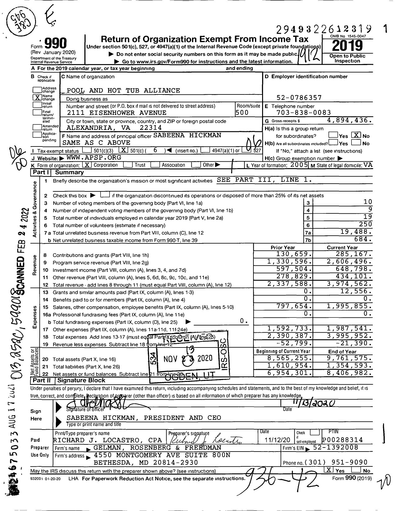 Image of first page of 2019 Form 990O for Pool and Hot Tub Alliance (APSP)