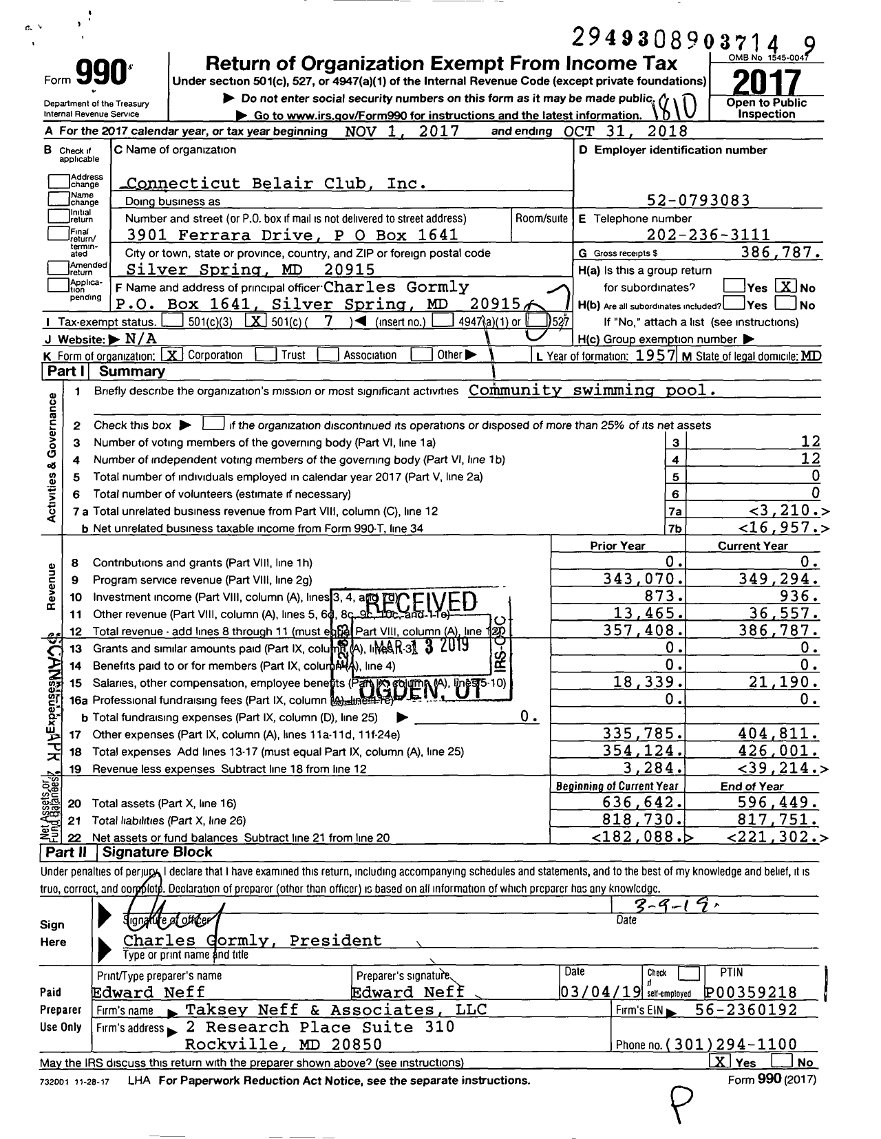 Image of first page of 2017 Form 990O for Connecticut Belair Club