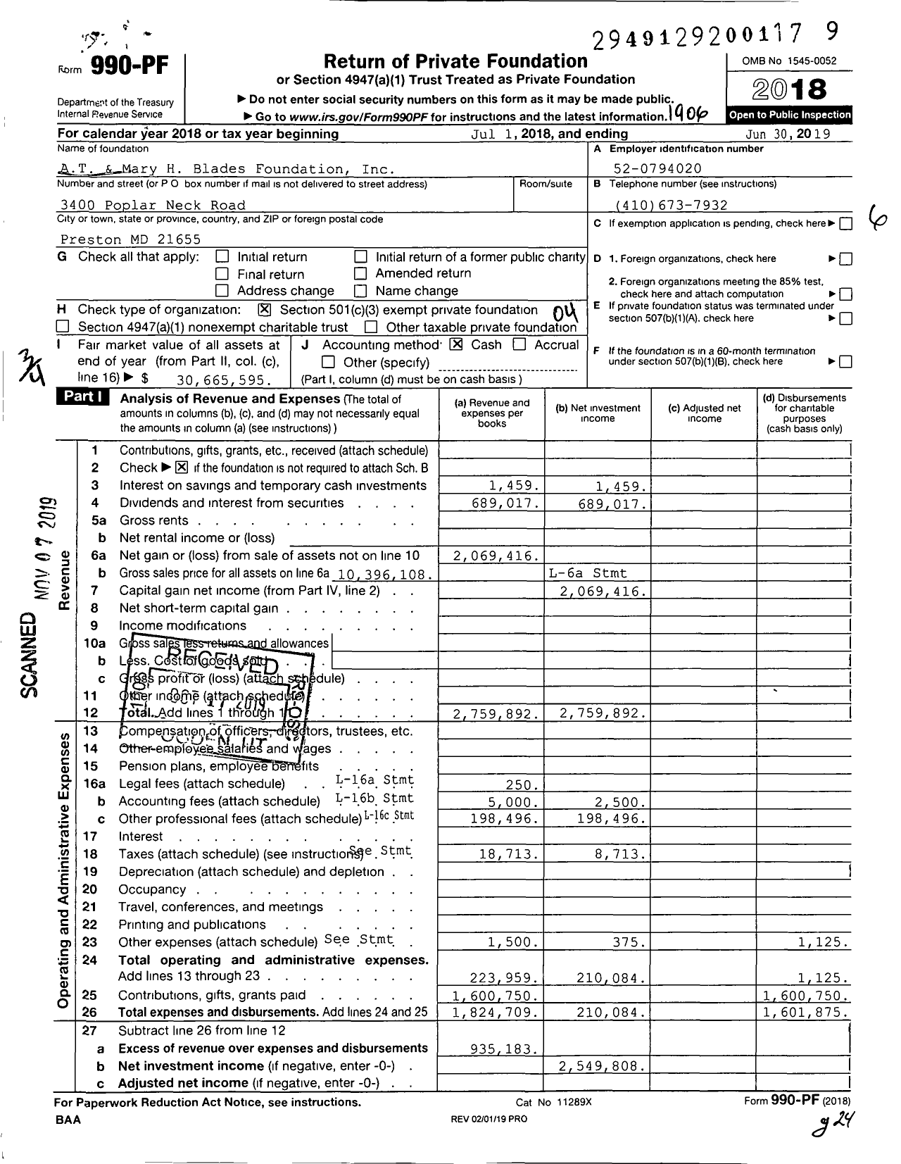 Image of first page of 2018 Form 990PF for A.T. & Mary H. Blades Foundation