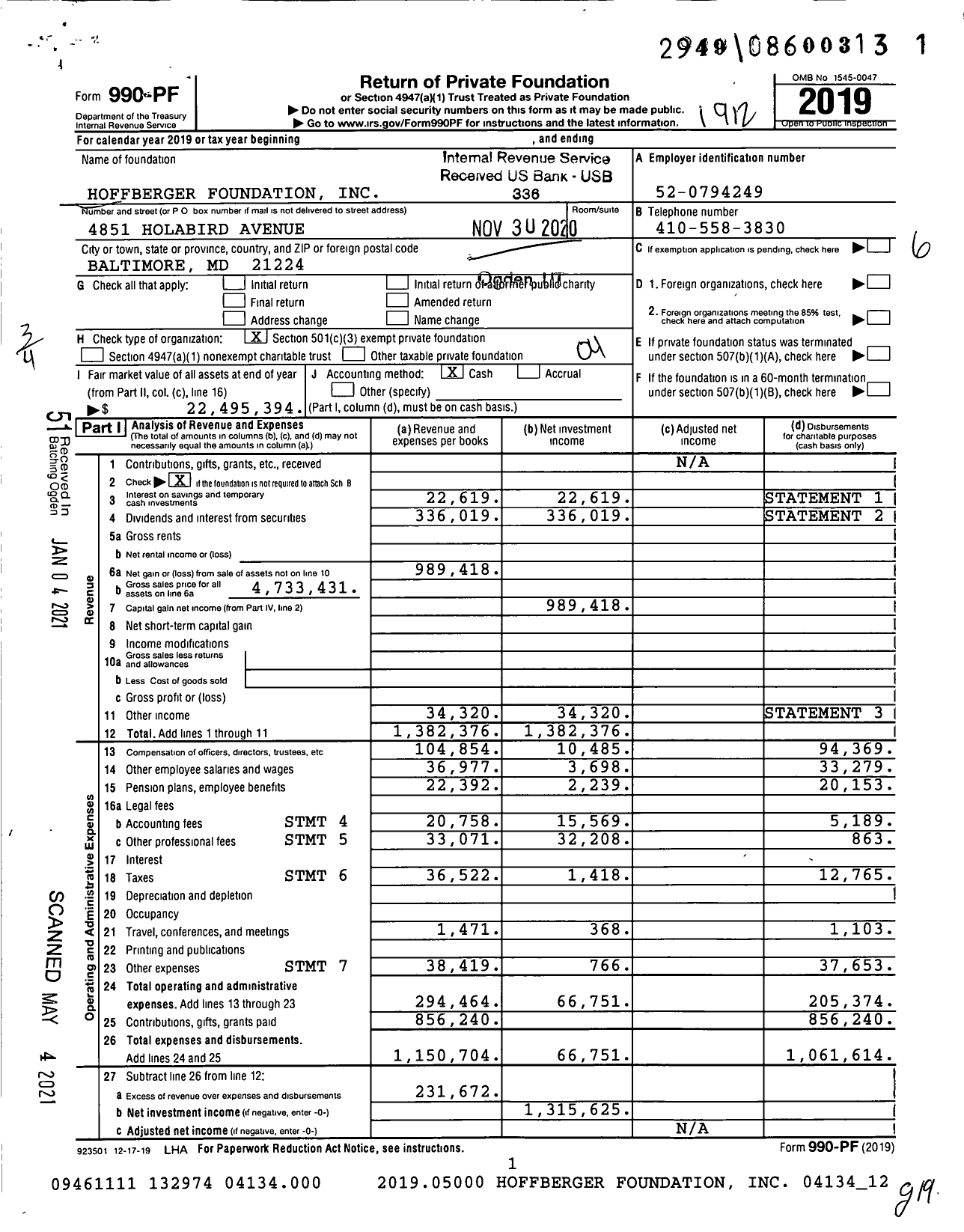 Image of first page of 2019 Form 990PF for Hoffberger Foundation