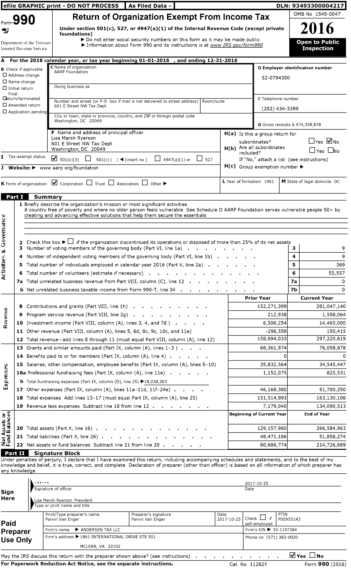 Image of first page of 2016 Form 990 for AARP Foundation