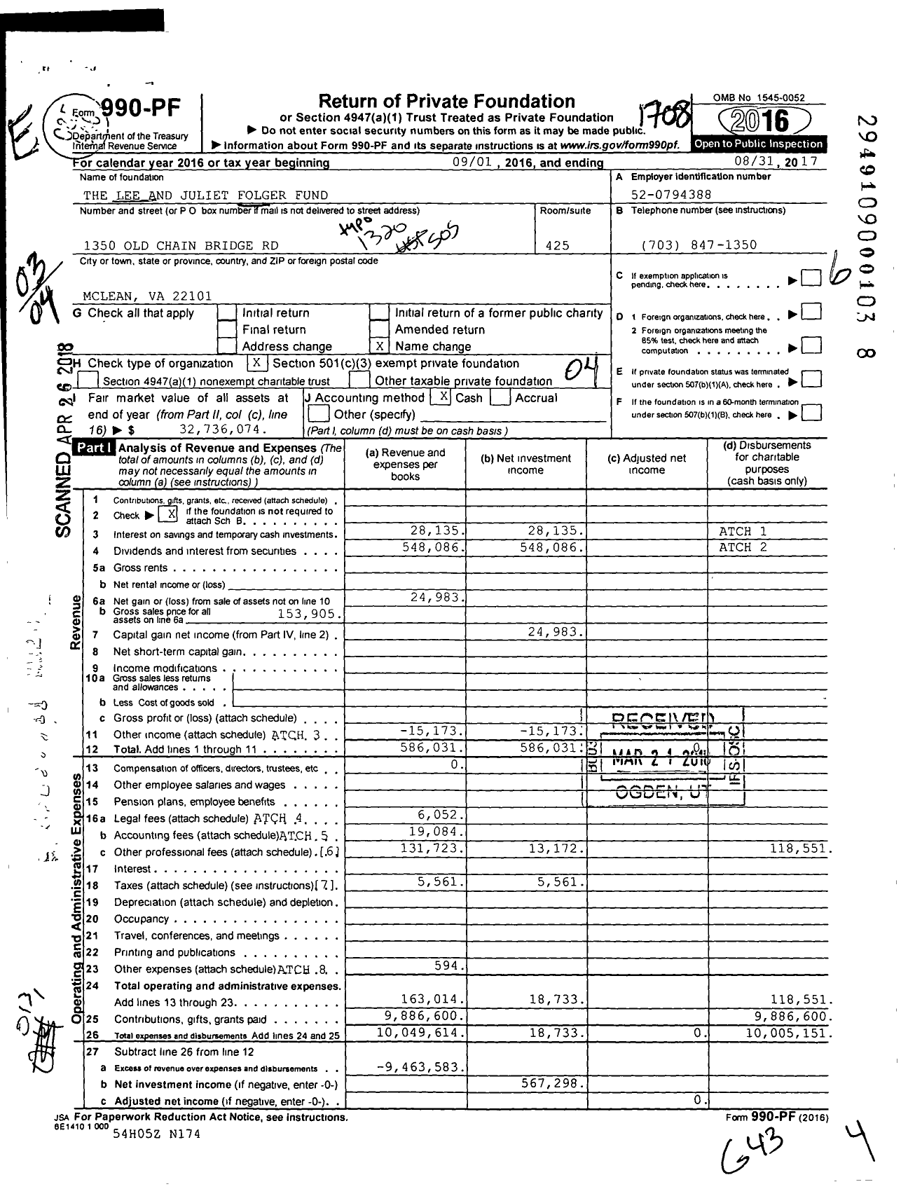 Image of first page of 2016 Form 990PF for Folger Fund