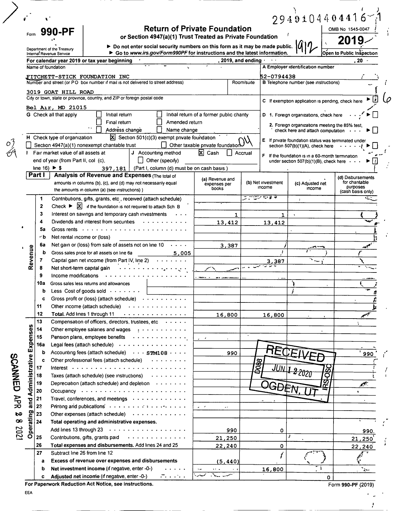 Image of first page of 2019 Form 990PF for Fitchett-Stick Foundation