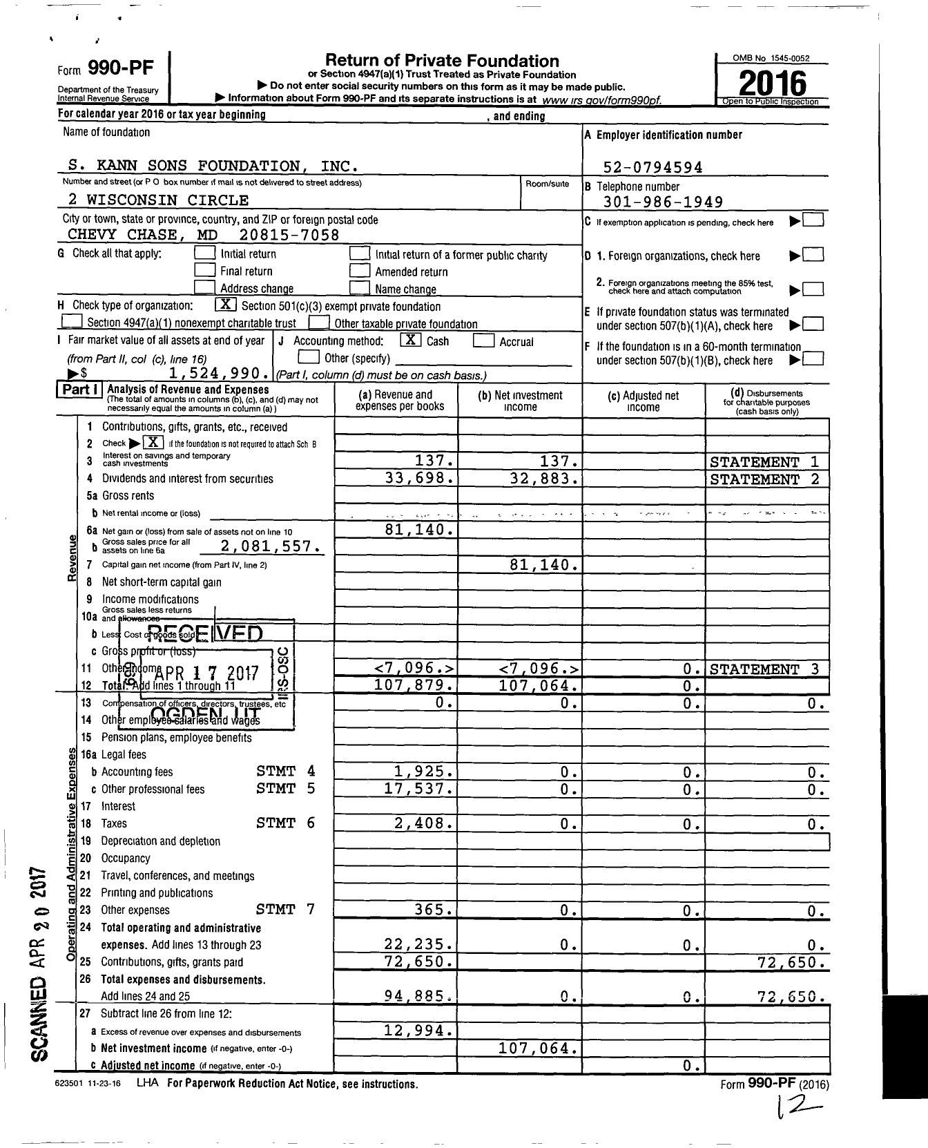 Image of first page of 2016 Form 990PF for S Kann Sons Foundation