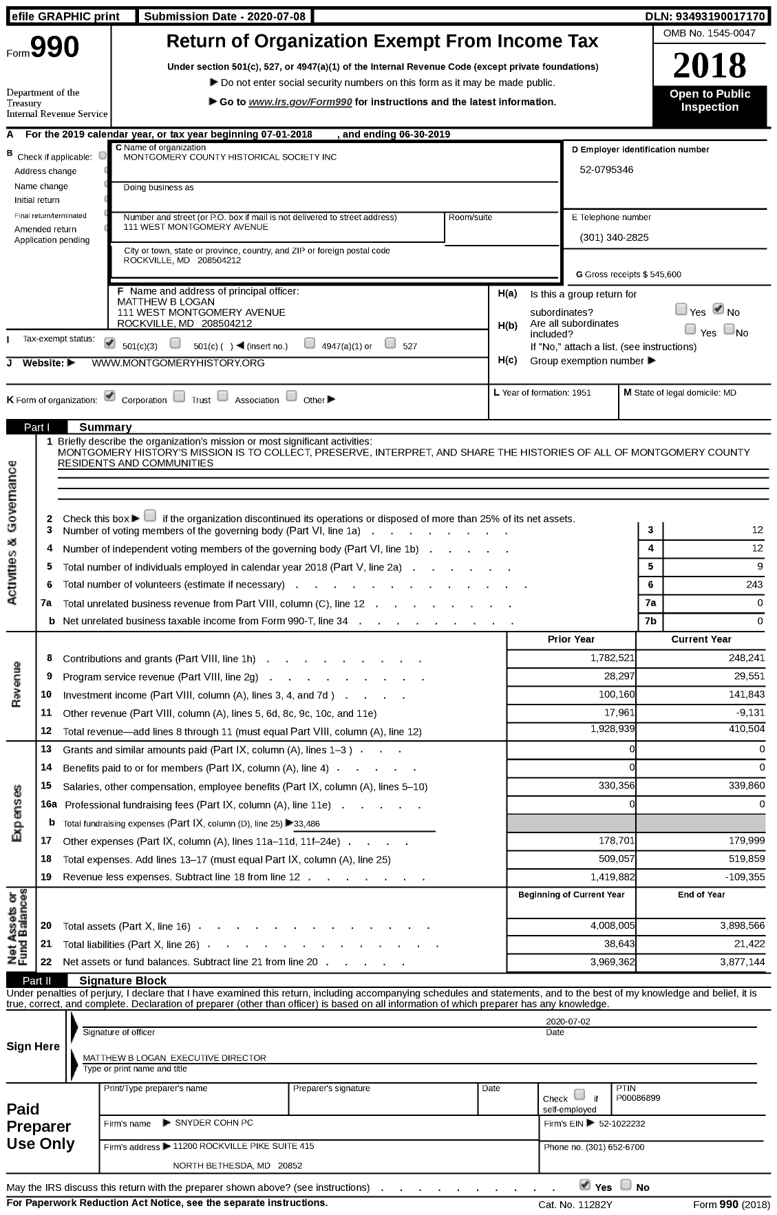 Image of first page of 2018 Form 990 for Montgomery History