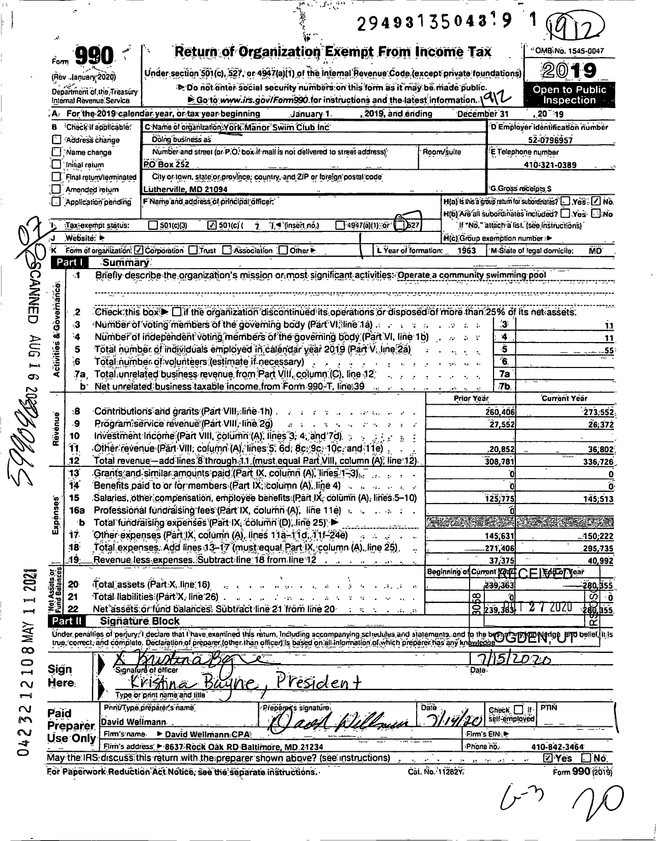 Image of first page of 2019 Form 990O for York Manor Swim Club Inc York Manor Swim Club