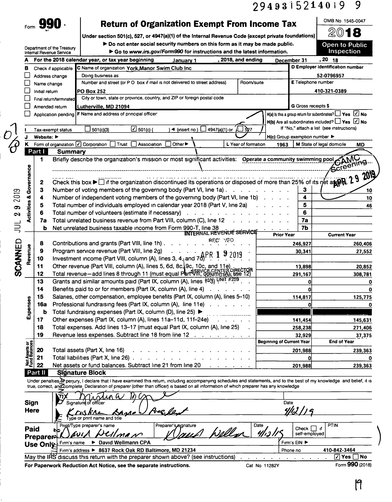 Image of first page of 2018 Form 990O for York Manor Swim Club Inc York Manor Swim Club