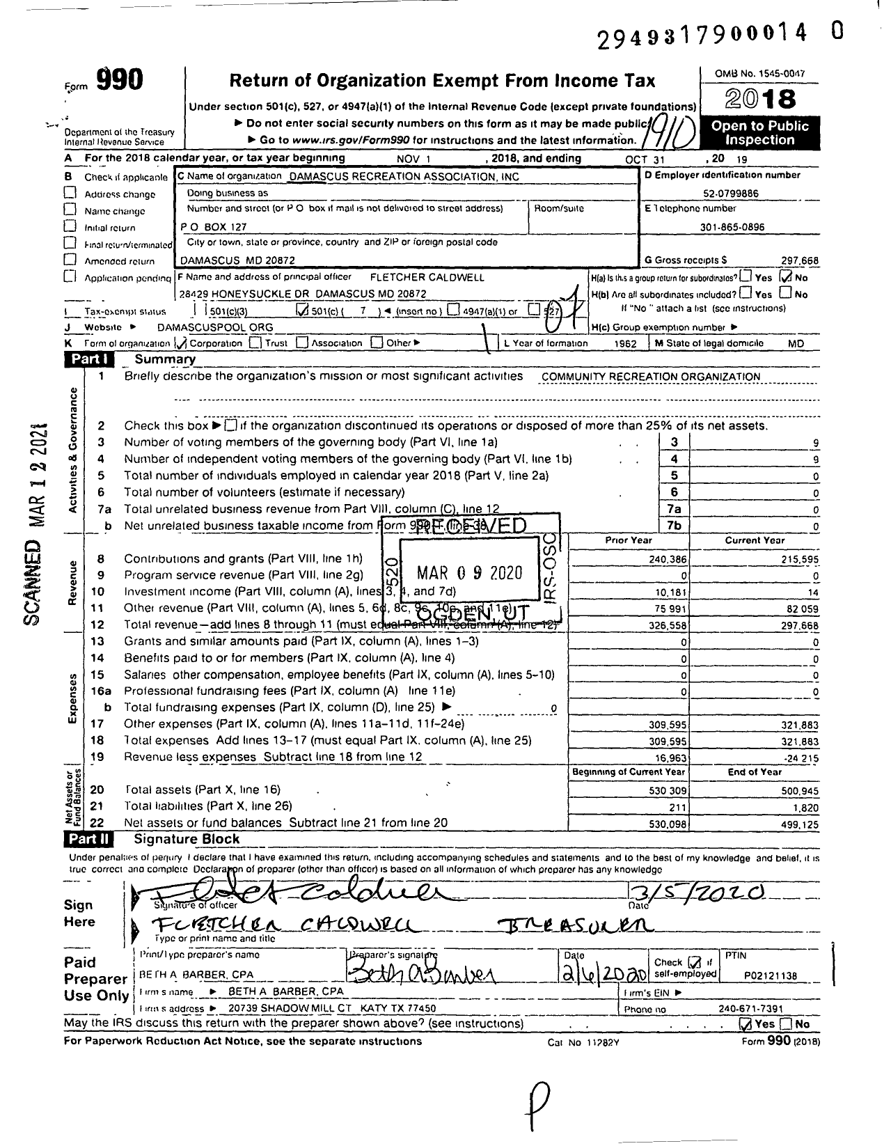 Image of first page of 2018 Form 990O for Damascus Recreation Association