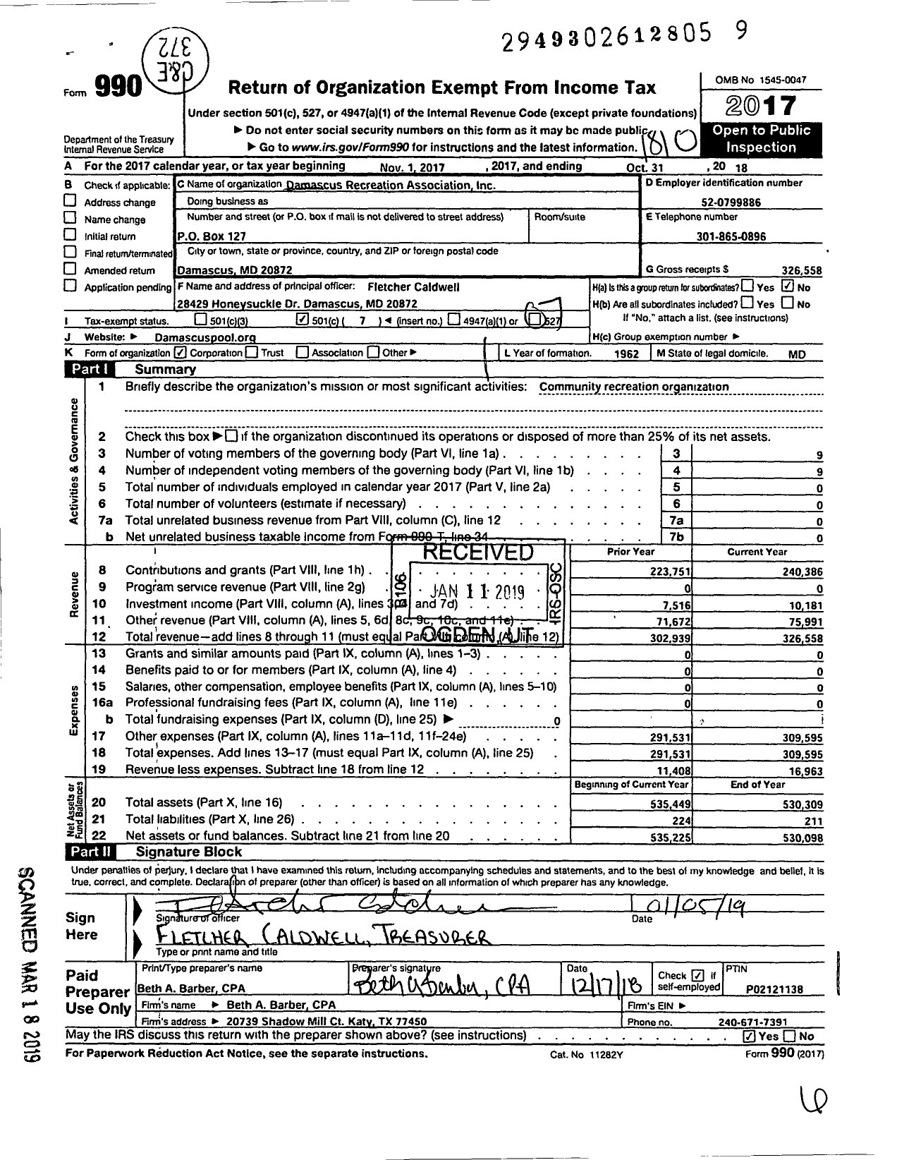 Image of first page of 2017 Form 990O for Damascus Recreation Association