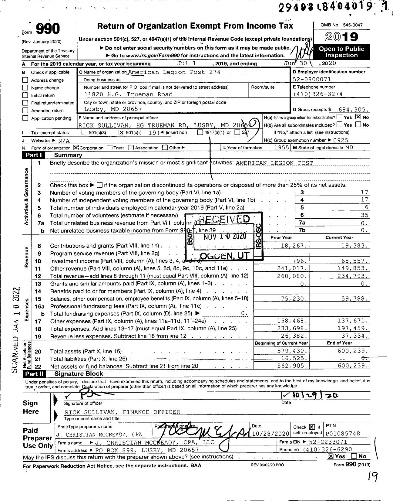 Image of first page of 2019 Form 990O for American Legion - 274 Arick L Lore