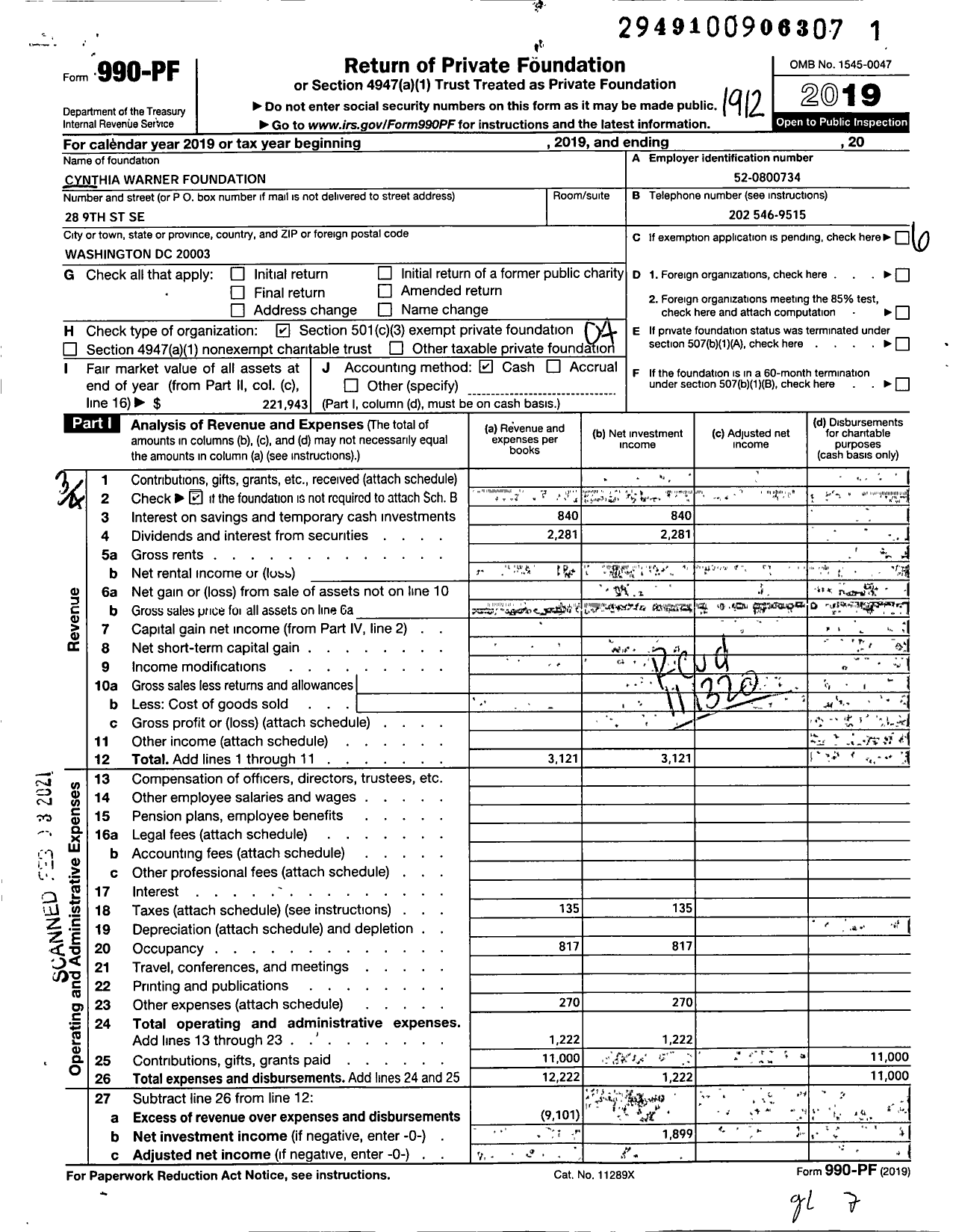 Image of first page of 2019 Form 990PF for Cynthia Warner Foundation