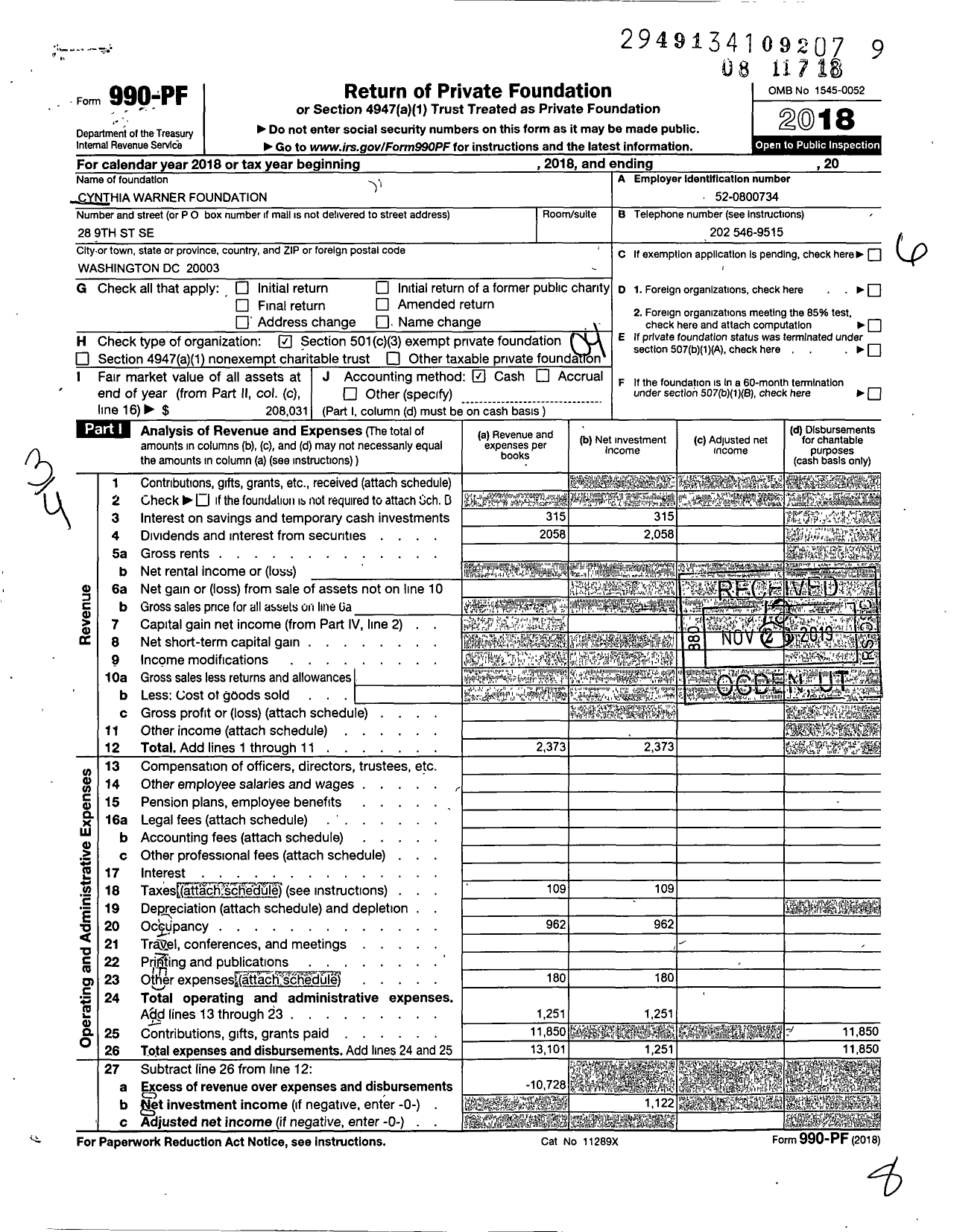 Image of first page of 2018 Form 990PF for Cynthia Warner Foundation